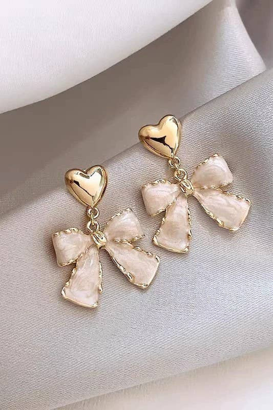 BOW GOLD HEART DROP EARRINGS