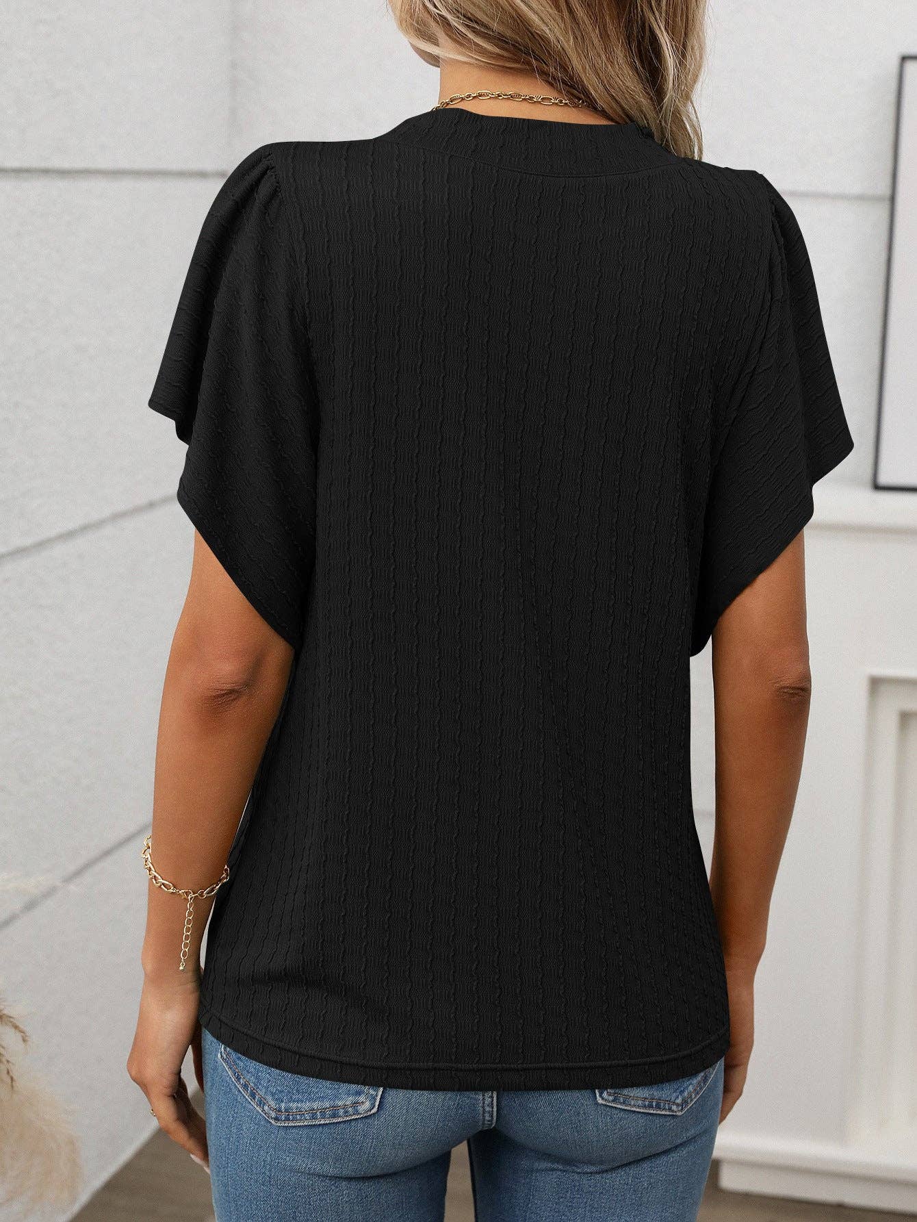 Round Neck Ruffle Sleeve Short Sleeve T-Shirt Top