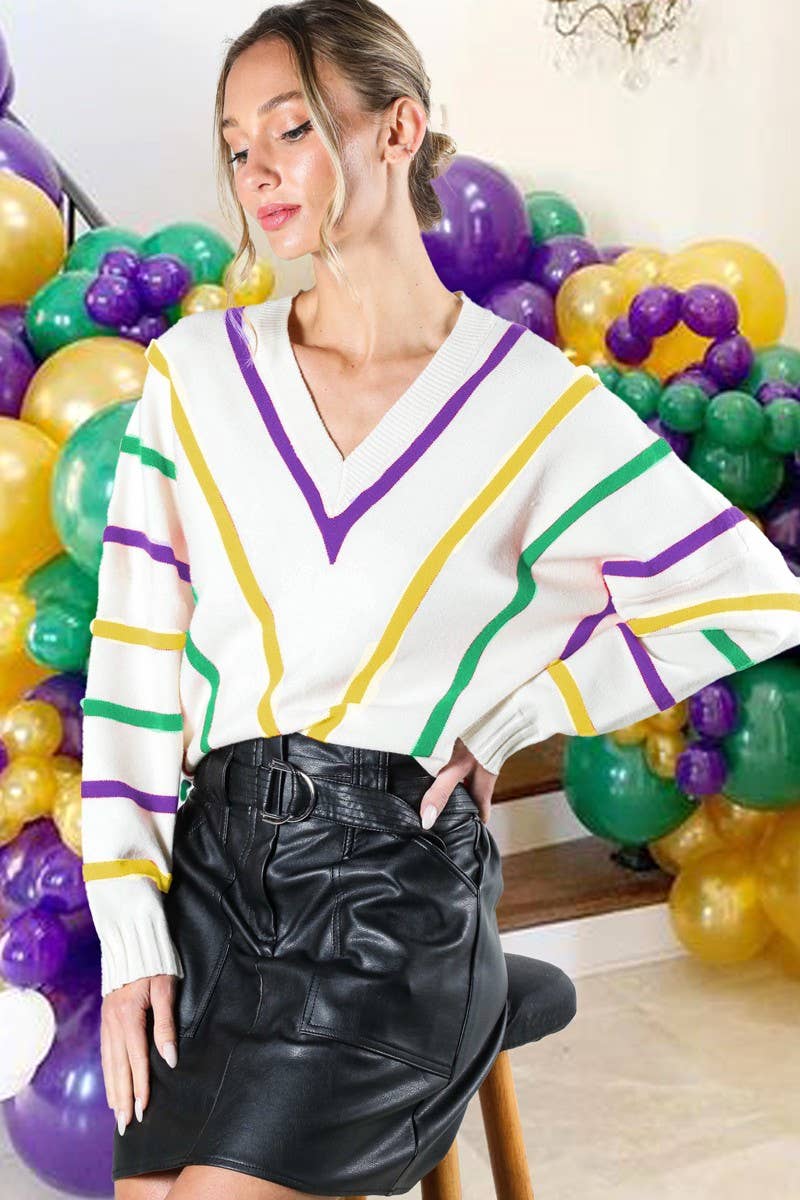 Vine & Love - Mardi Gras V-Neck Dolman Sleeve Striped Sweater - Off-White