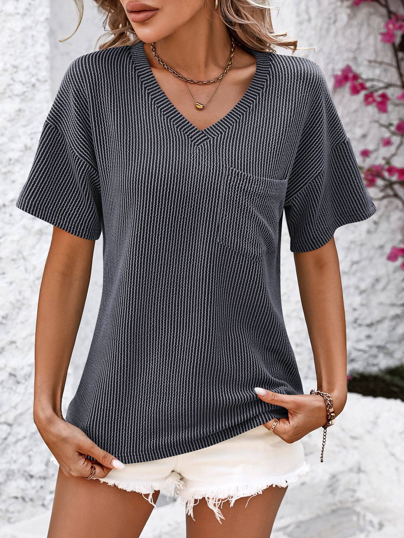Lovesoft  V Neck Casual Strip Short Sleeve Knit Top With Pockets