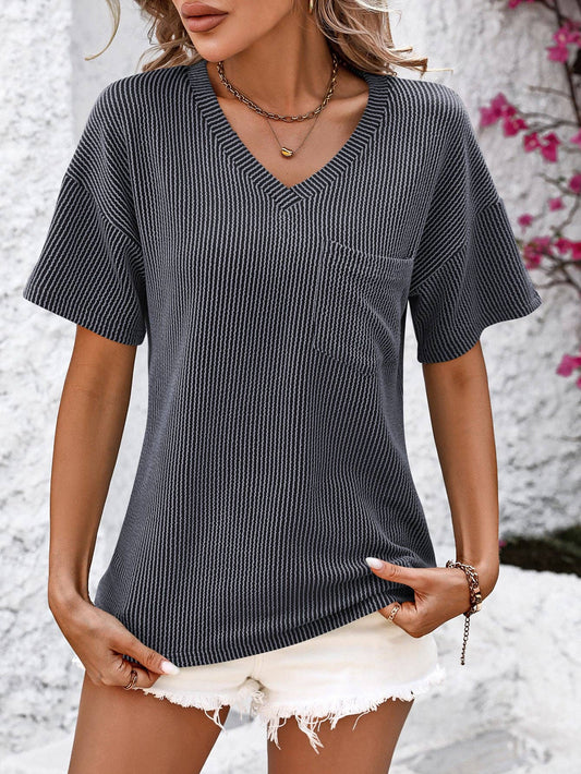 Lovesoft  V Neck Casual Strip Short Sleeve Knit Top With Pockets Lovesoft