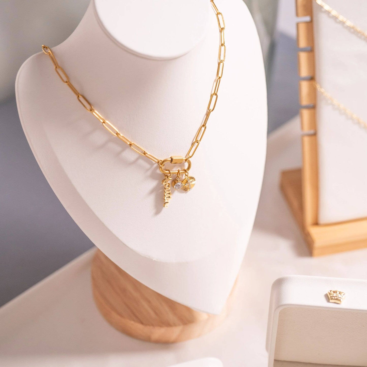 18K PVD Gold Carabiner "Faith" Paperclip Charm Necklace