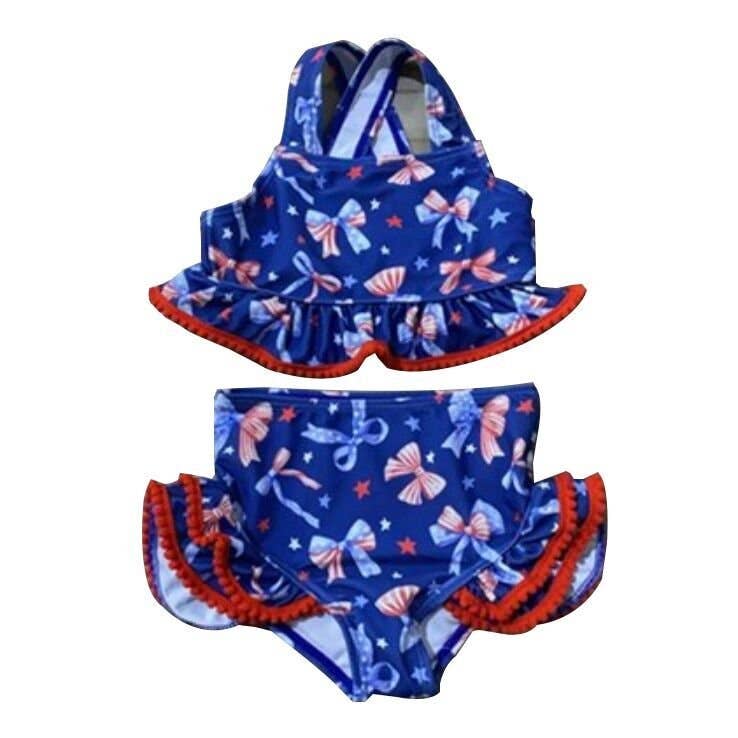 The Hair Bow Company - Navy Patriotic Bow Print Two-Piece Swimsuit | Baby Girls Ruffle Swim Set - Size 6