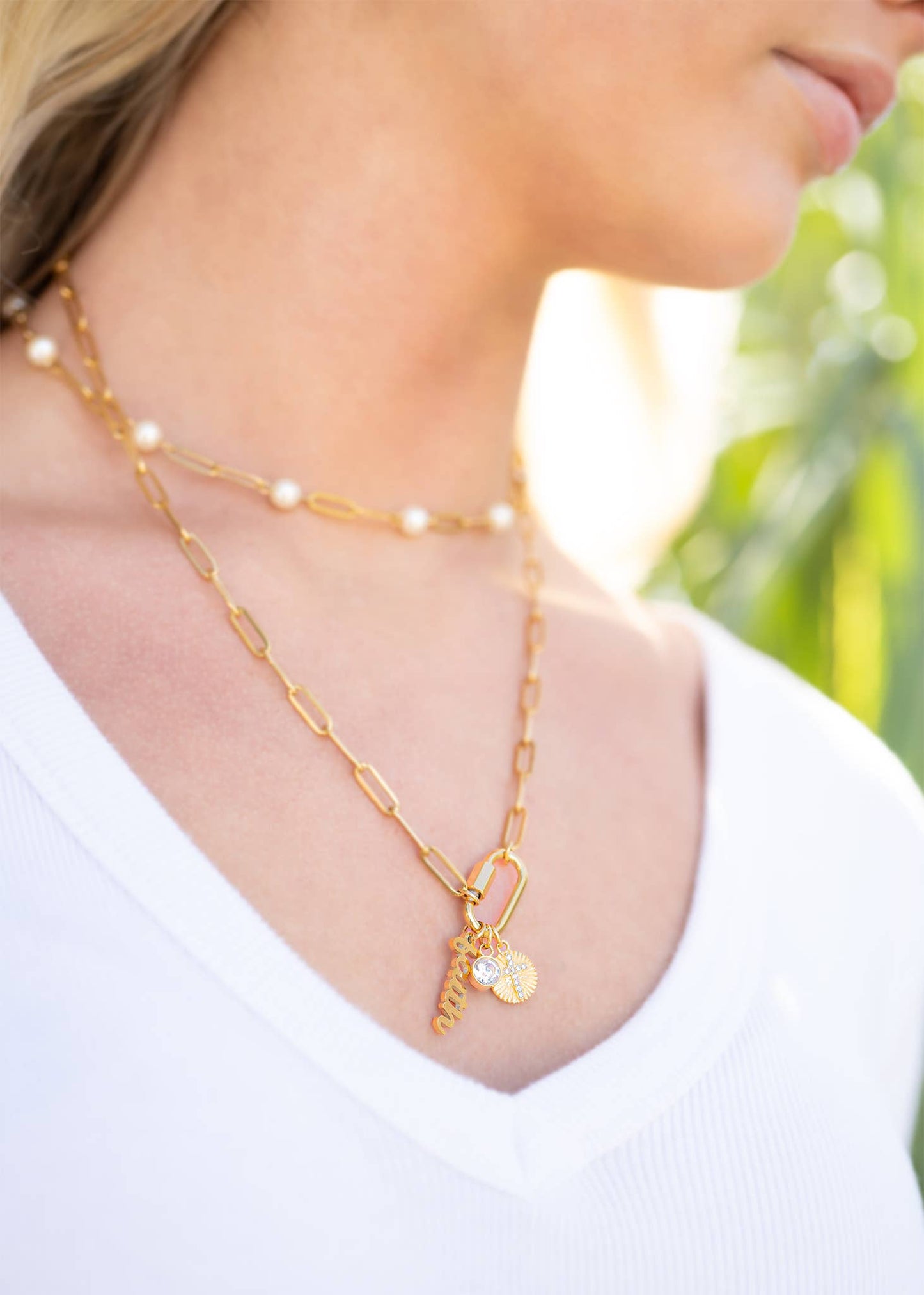 18K PVD Gold Carabiner "Faith" Paperclip Charm Necklace