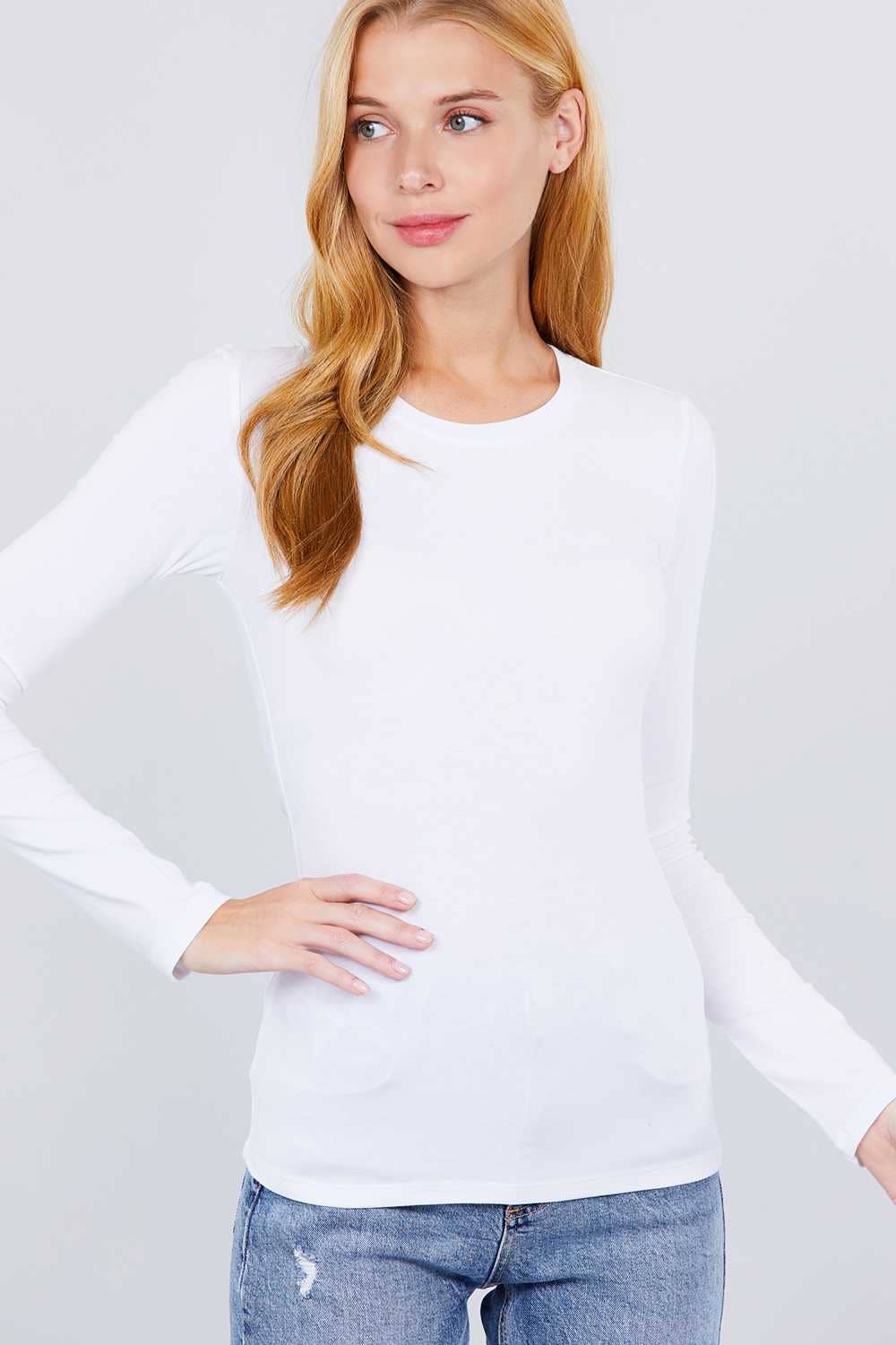 Zenana Long Sleeve Crew Neck Cotton Spandex Jersey Top - White