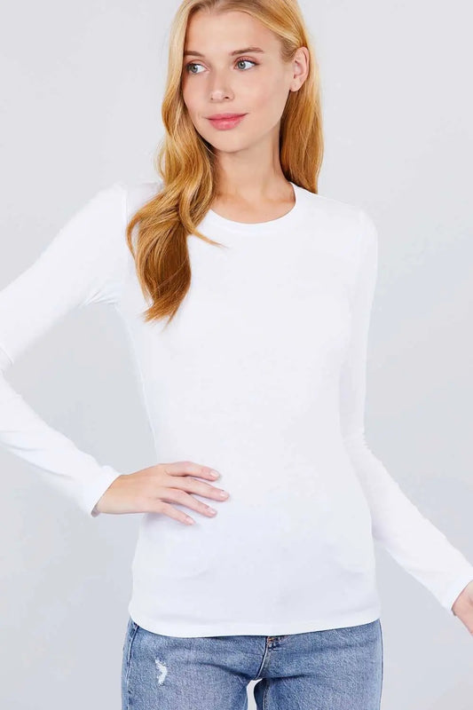 Zenana Women's Long Sleeve Crew Neck Cotton Spandex Jersey Top - White Zenana