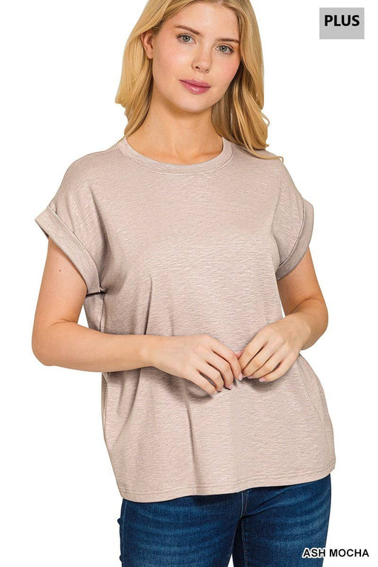 Zenana Women's Plus Cotton Modal Rolled Sleeve Tee - Ash Mocha