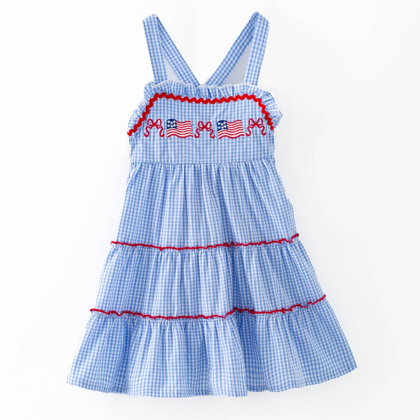 The Hair Bow Company - Blue Gingham American Flag Tiered Dress | Girls Patriotic Ruffle Dress - Size 6