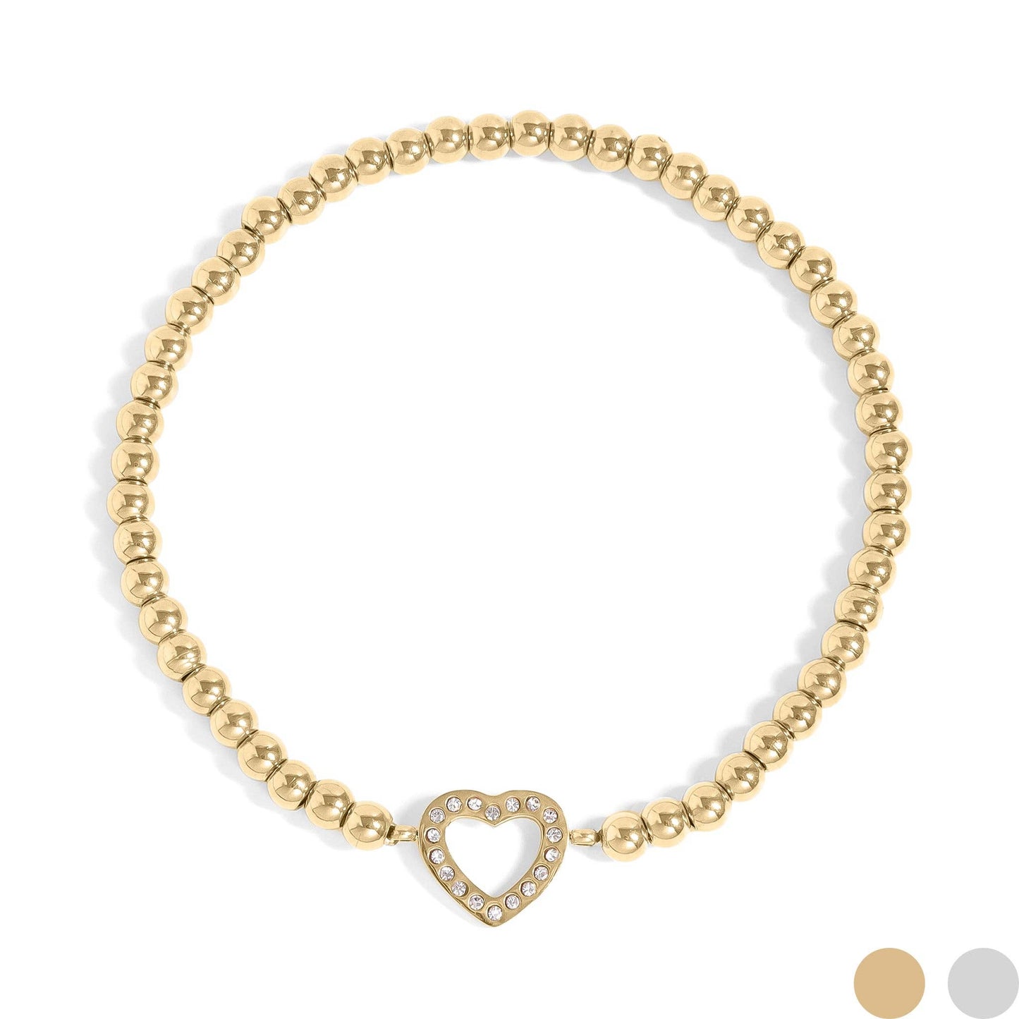 18K Gold PVD Stainless Steel Stone 'Heart' Metal Beaded Stretch Bracelet