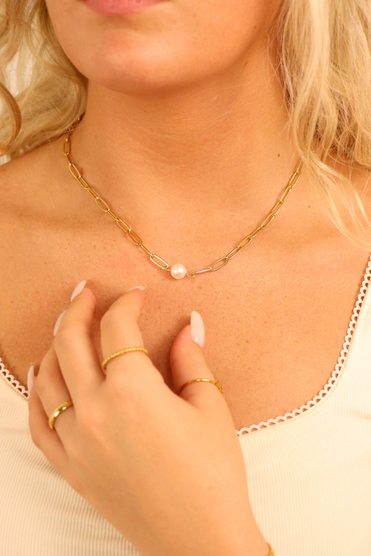 Gold Paperclip Necklace With Pearl