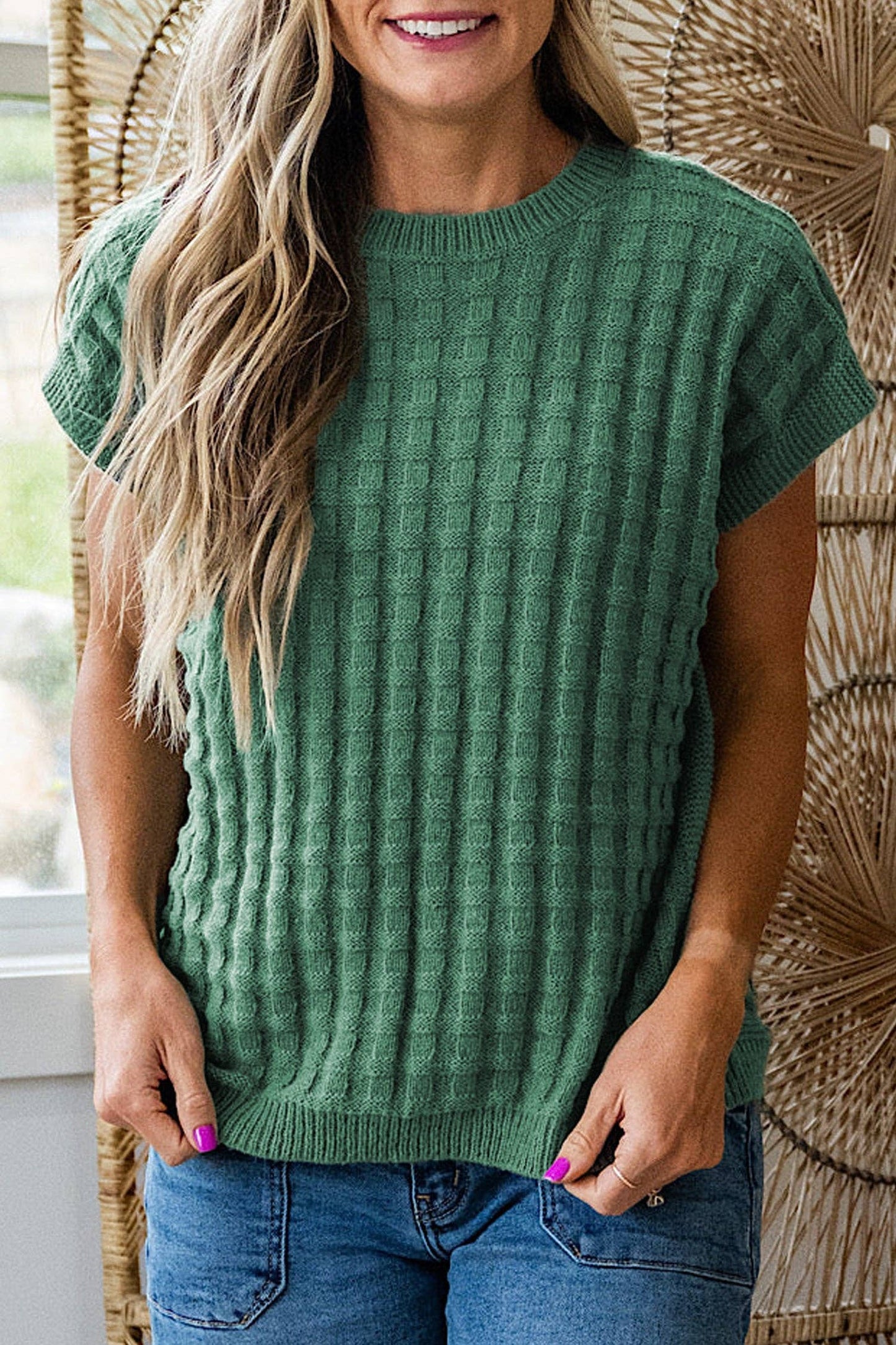 Lovesoft  Mist Green Solid Color Round Neck Textured Short Sleeve Sweater
