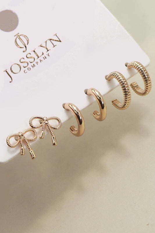 JOSSLYN MINI BOW HUGGIE HOOP TRIO EARRINGS