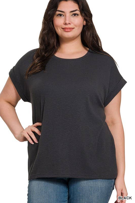 Zenana Women's Plus Cotton Modal Rolled Sleeve Tee - Black