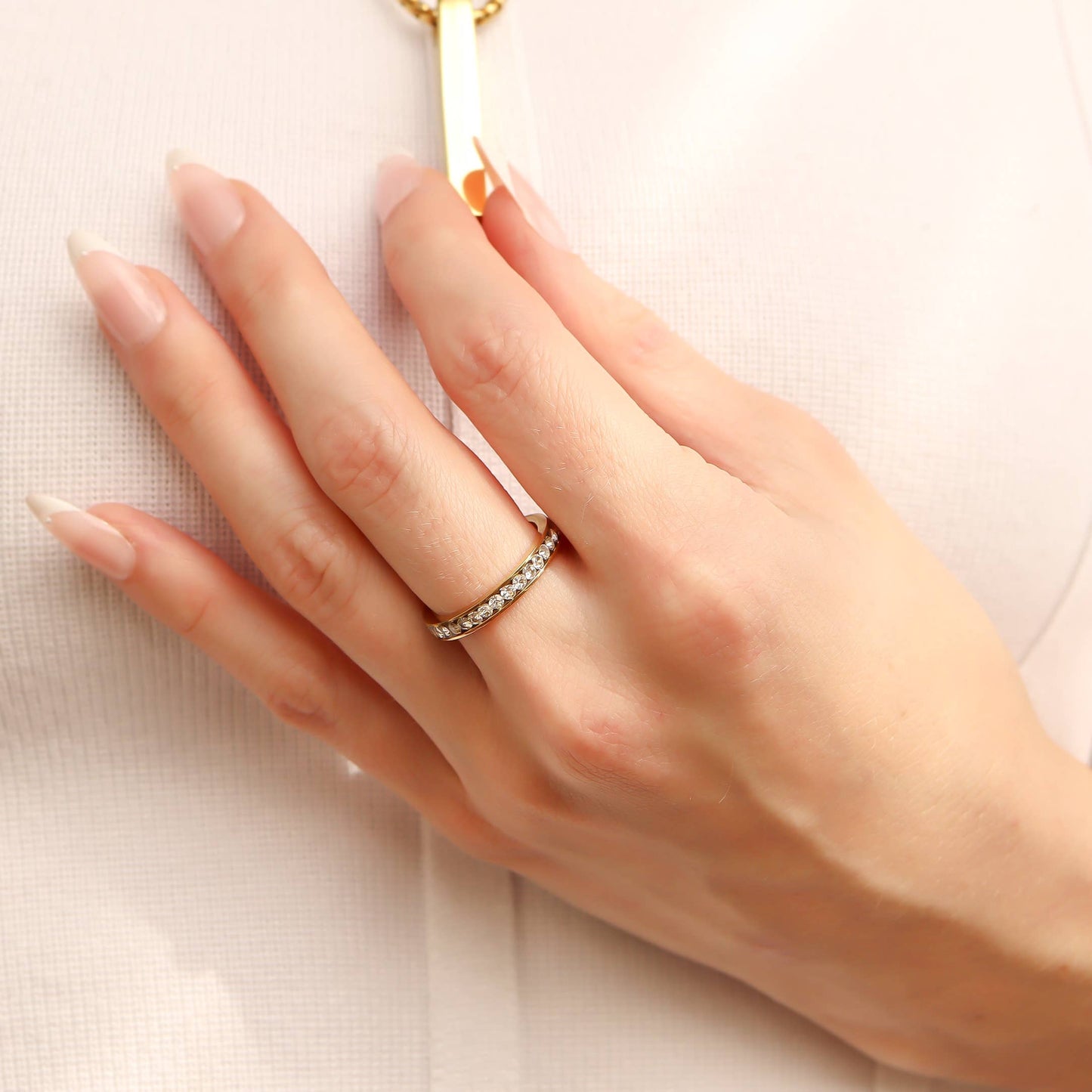 18K Gold PVD CZ Eternity Stainless Steel Ring - October - Size 10