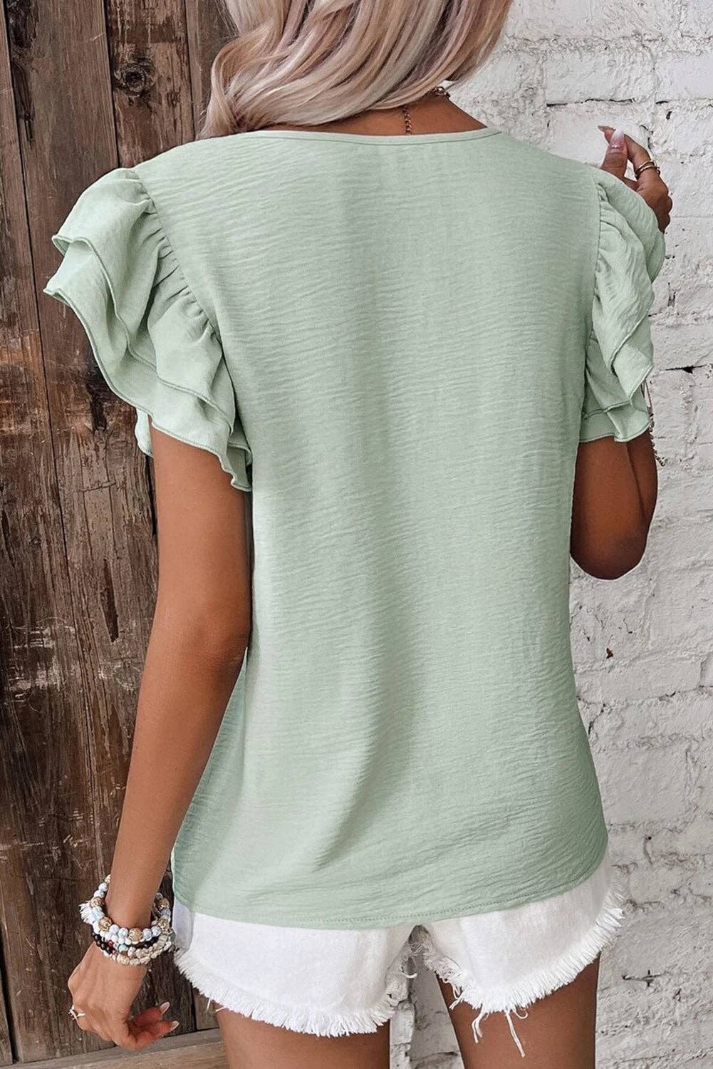 Lovesoft  Solid Color Ruffled Short Sleeve Casual Blouse