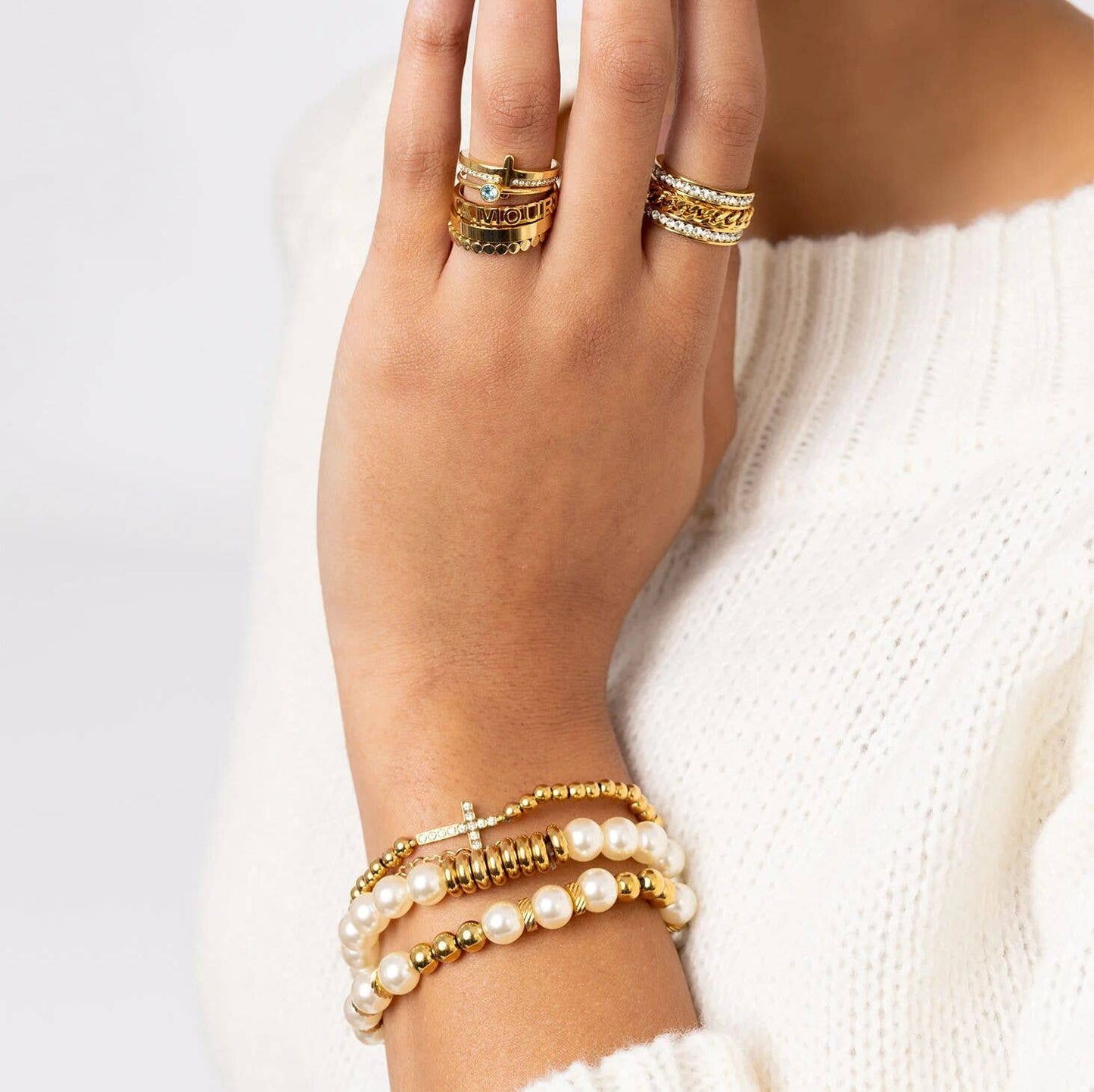 18K Gold PVD CZ Cross Beaded Stretch Bracelet