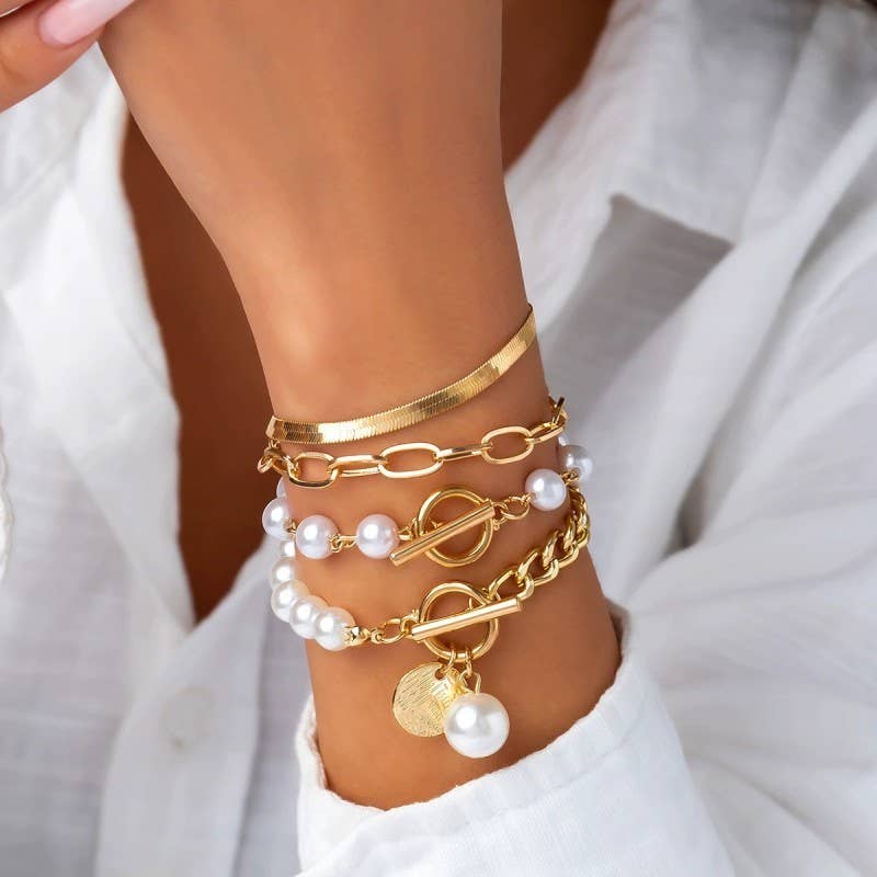 JOSSLYN MULTILAYER PEARL CHAIN HERRINGBONE MIX BRACELET