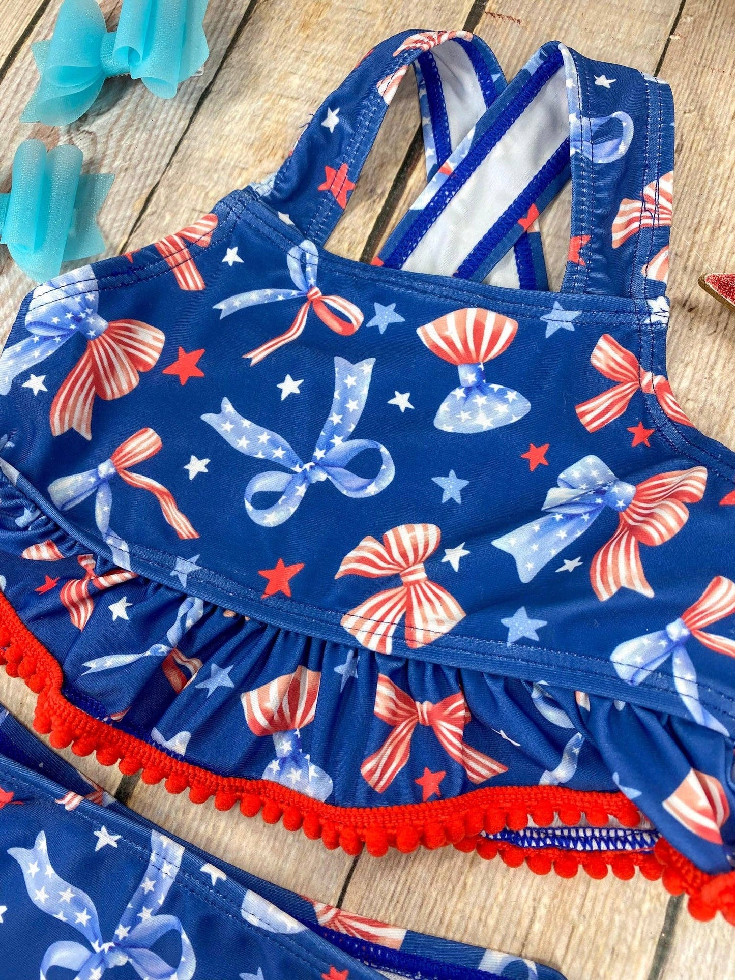 The Hair Bow Company - Navy Patriotic Bow Print Two-Piece Swimsuit | Baby Girls Ruffle Swim Set - Size 6