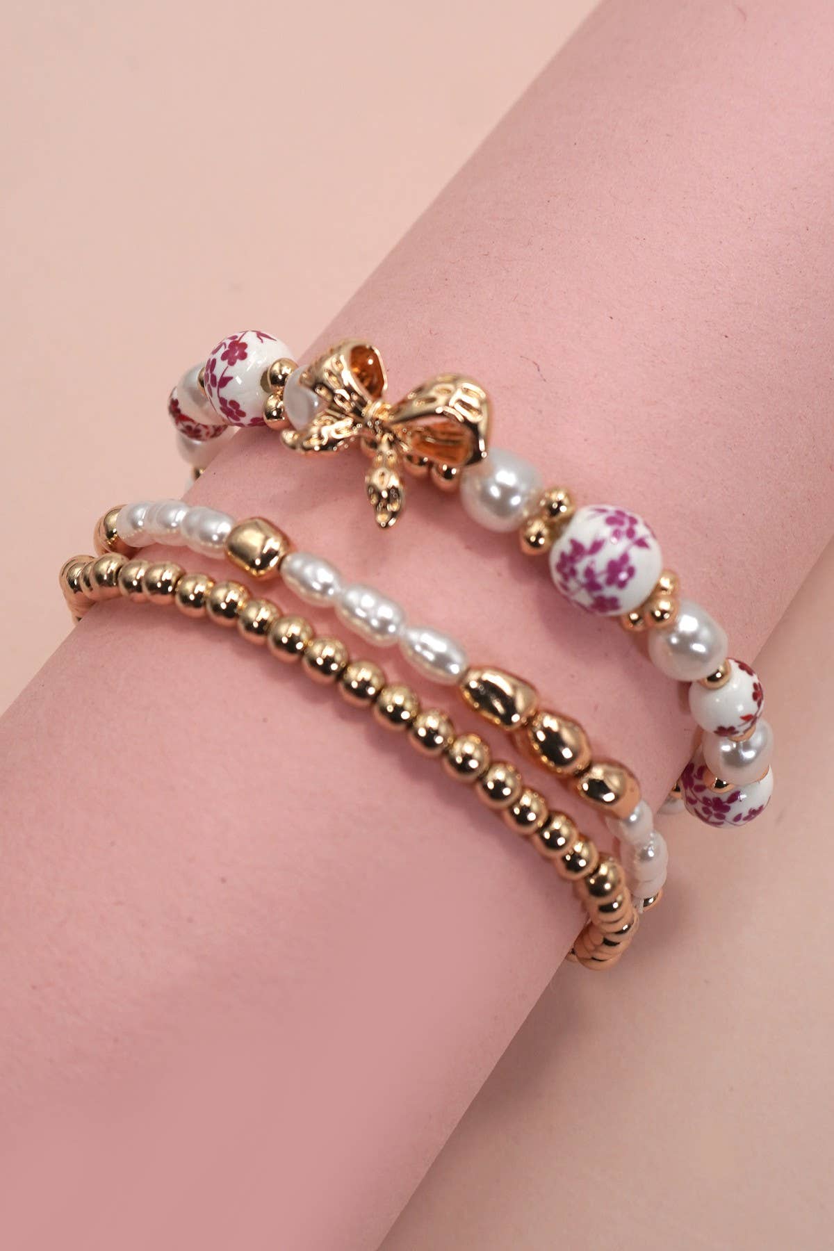 JOSSLYN PINK CERAMIC PORCELAIN BOW MULTI LAYER BRACELET