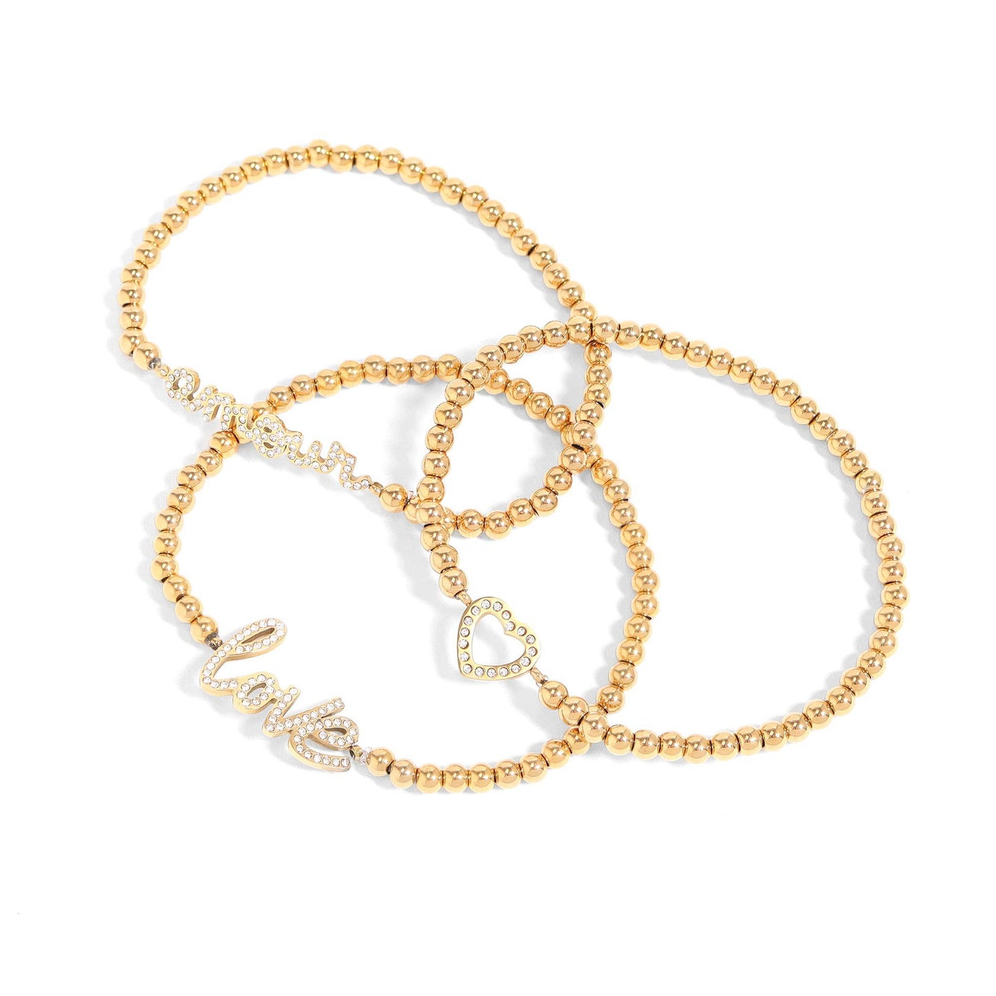 18K Gold PVD Stainless Steel Stone 'Amour' Metal Beaded Stretch Bracelet