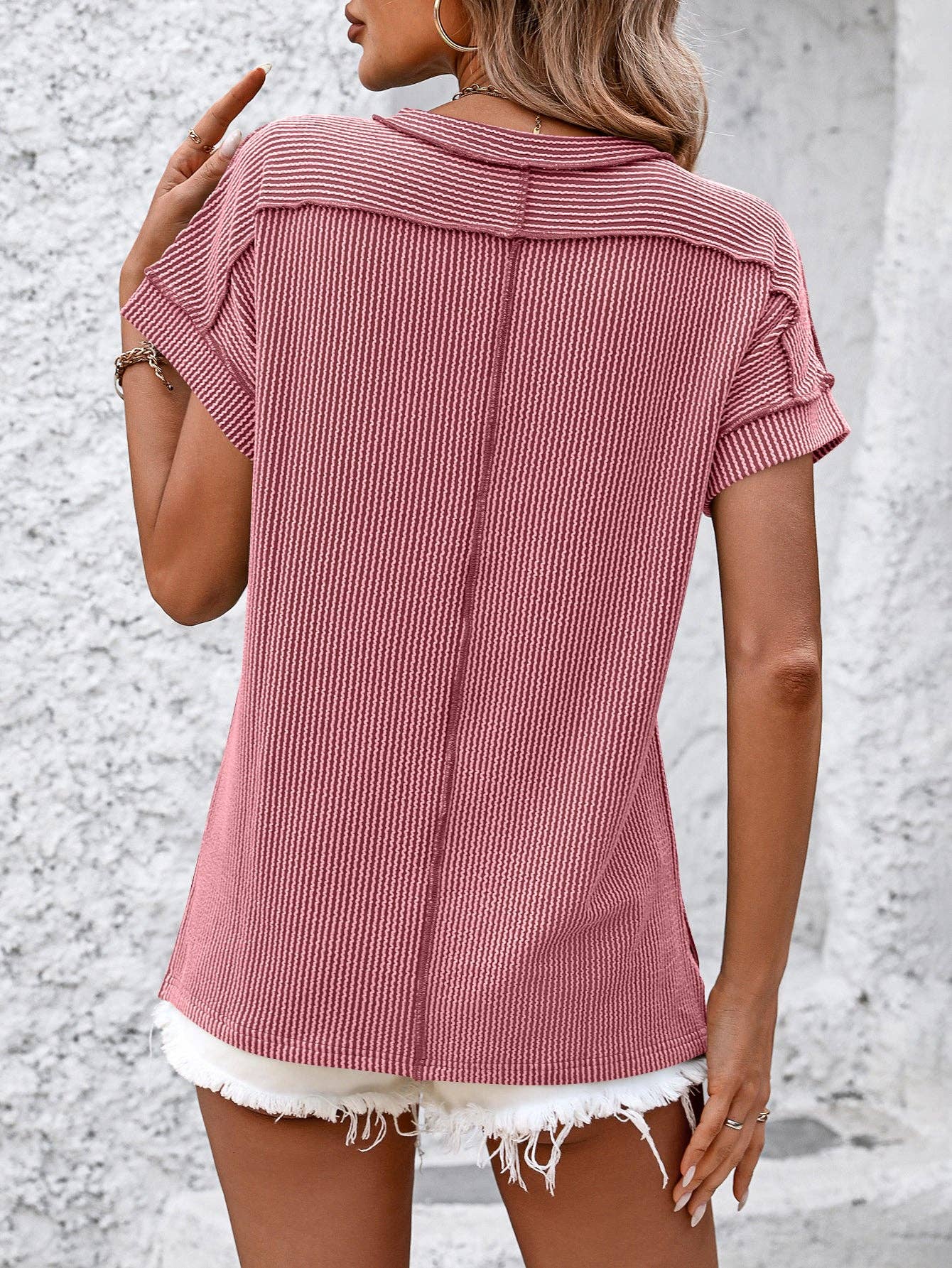 Lovesoft  Backstitch Strip Short Sleeve Knit Casual T Shirts