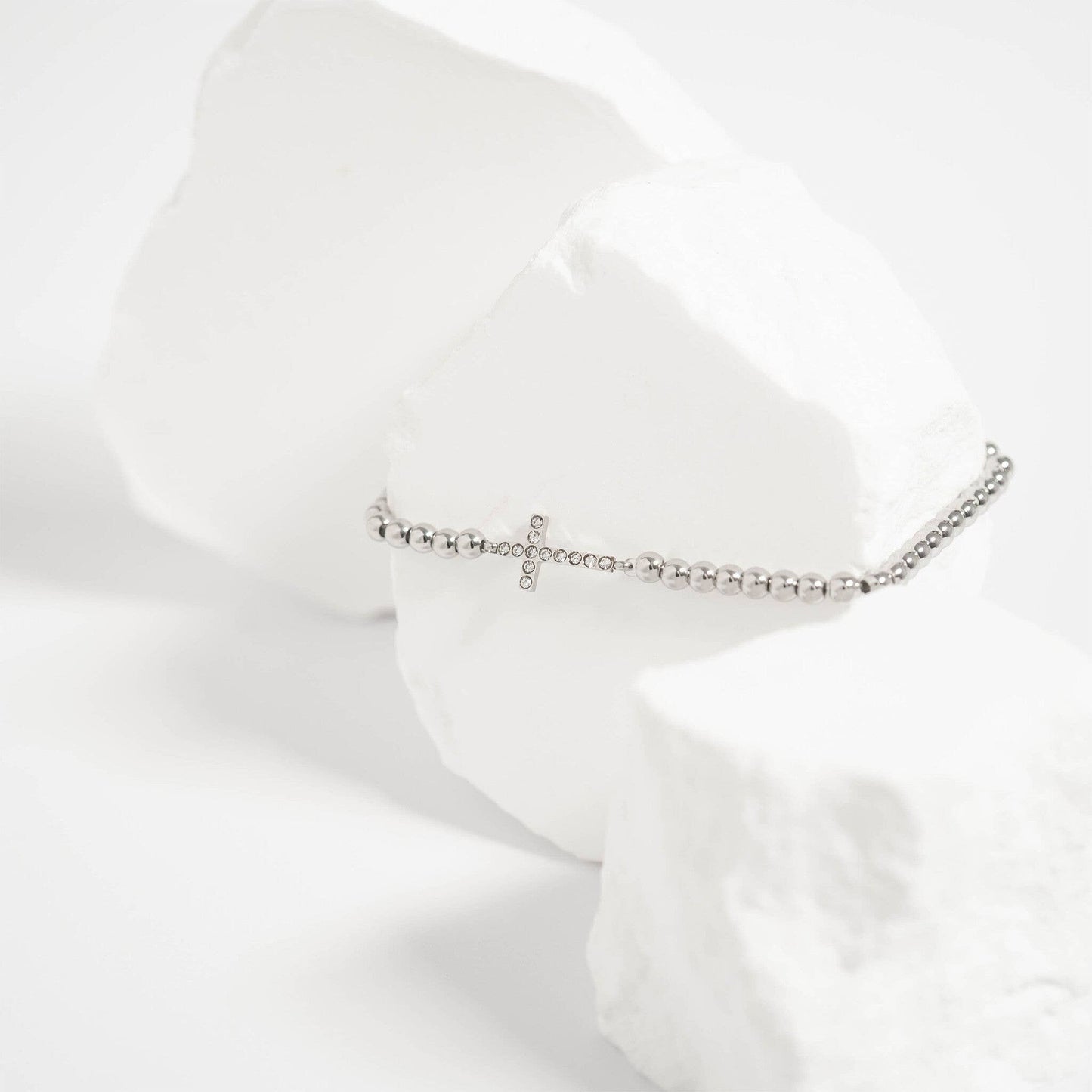 18K Gold PVD CZ Cross Beaded Stretch Bracelet