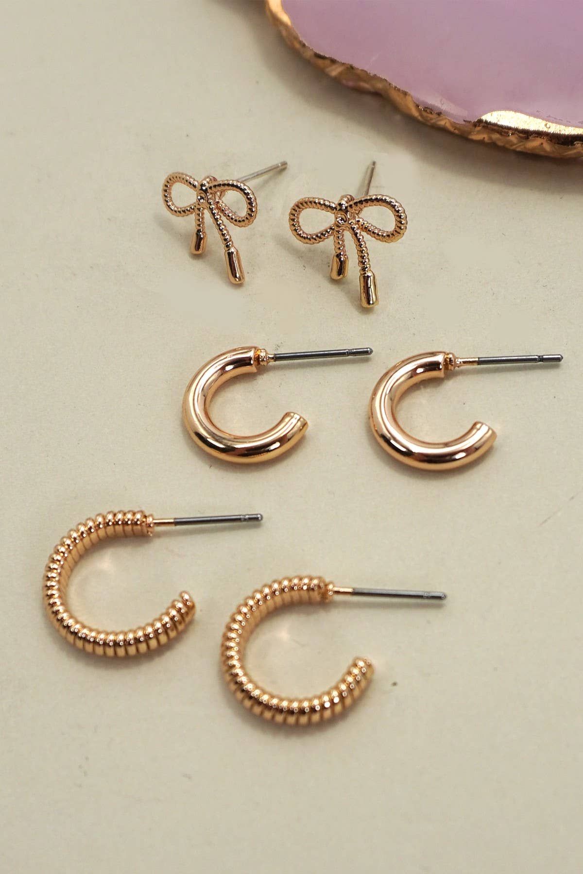JOSSLYN MINI BOW HUGGIE HOOP TRIO EARRINGS