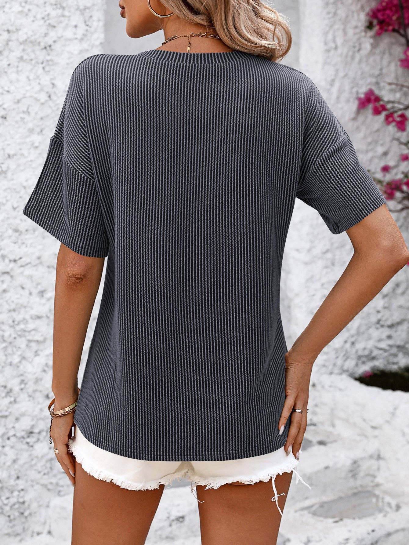 Lovesoft  V Neck Casual Strip Short Sleeve Knit Top With Pockets