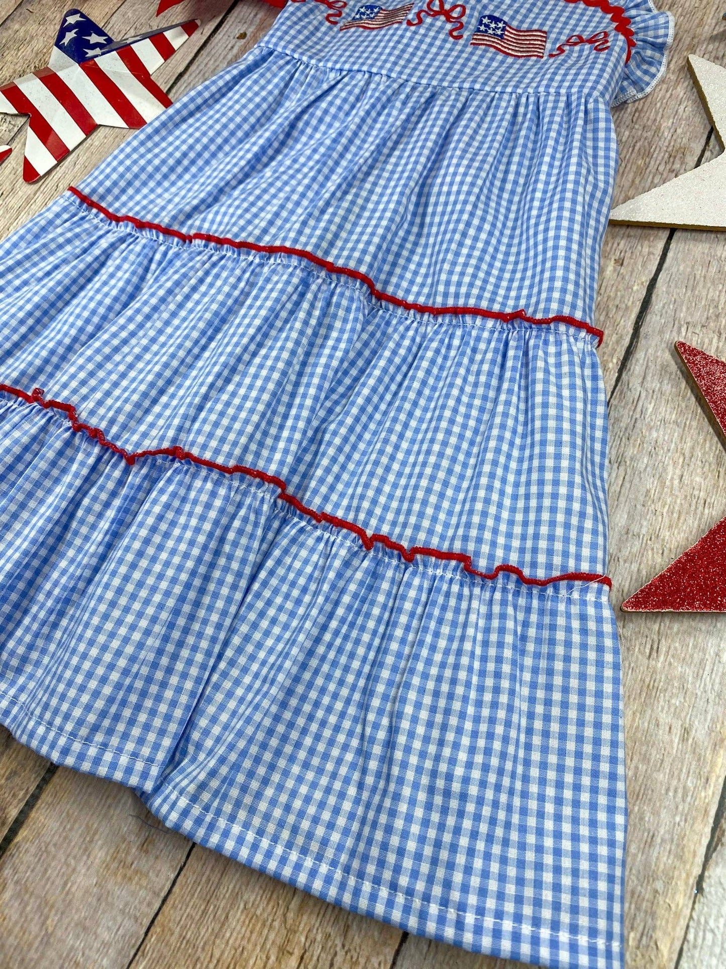 The Hair Bow Company - Blue Gingham American Flag Tiered Dress | Girls Patriotic Ruffle Dress - Size 6