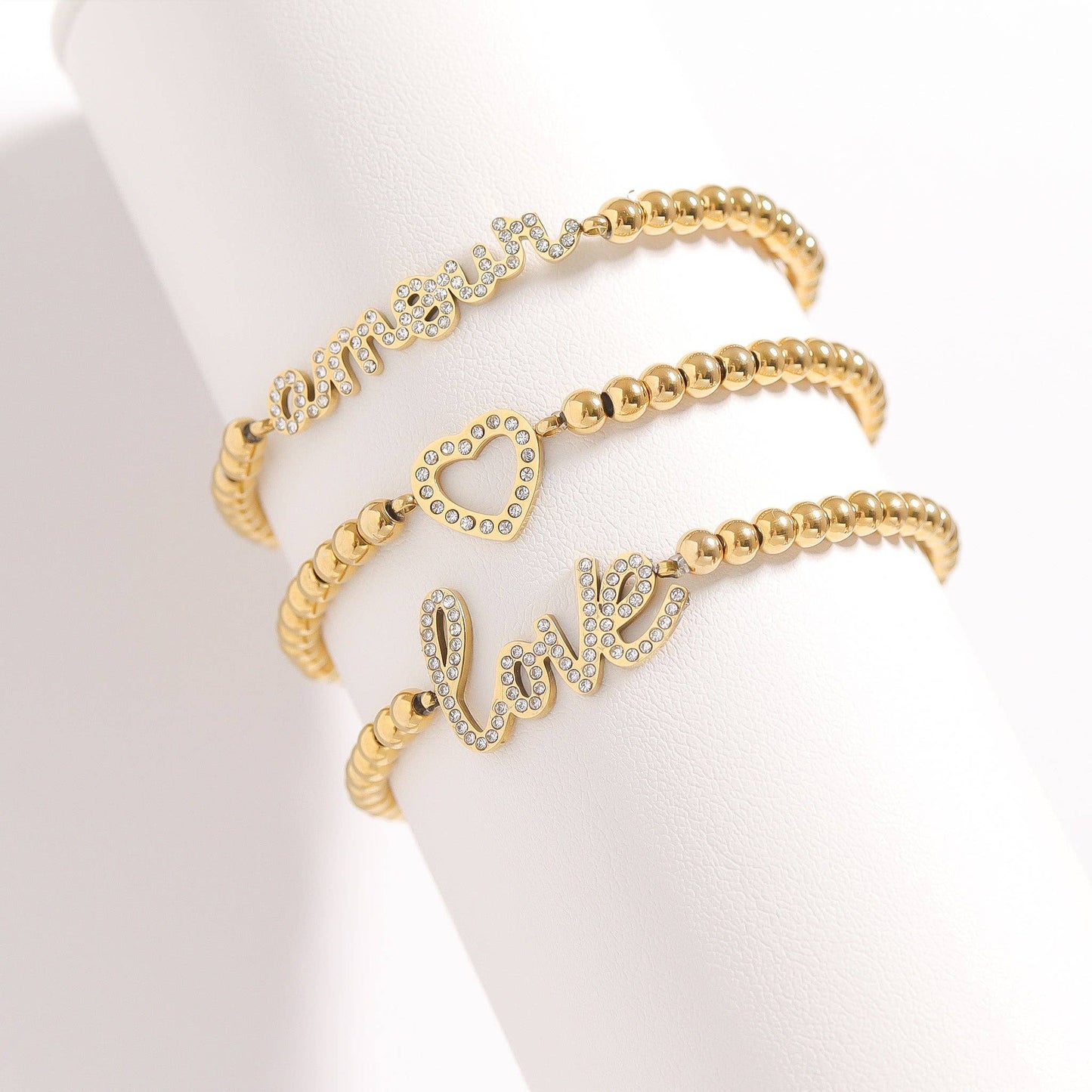 18K Gold PVD Stainless Steel Stone 'Amour' Metal Beaded Stretch Bracelet