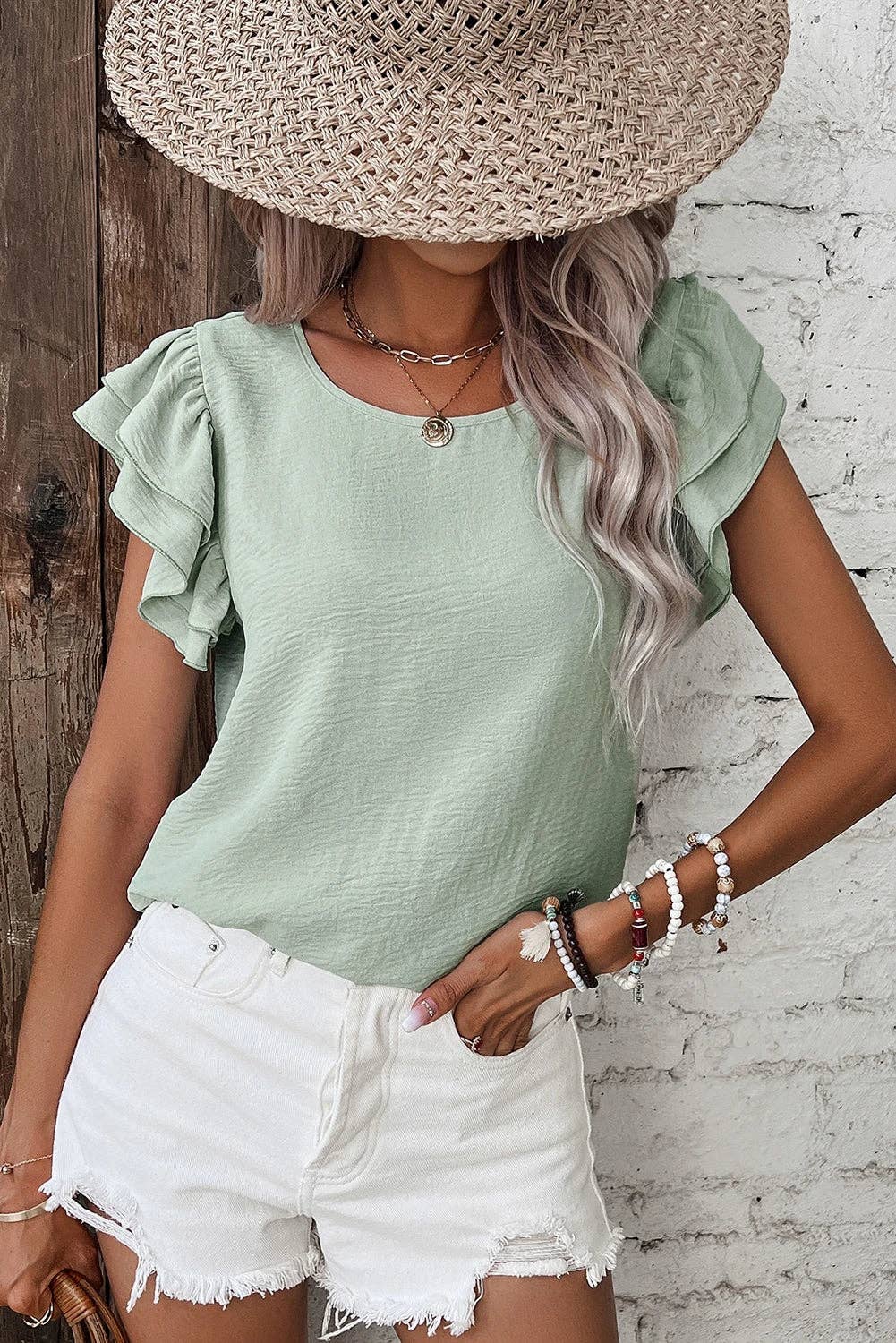 Lovesoft  Solid Color Ruffled Short Sleeve Casual Blouse
