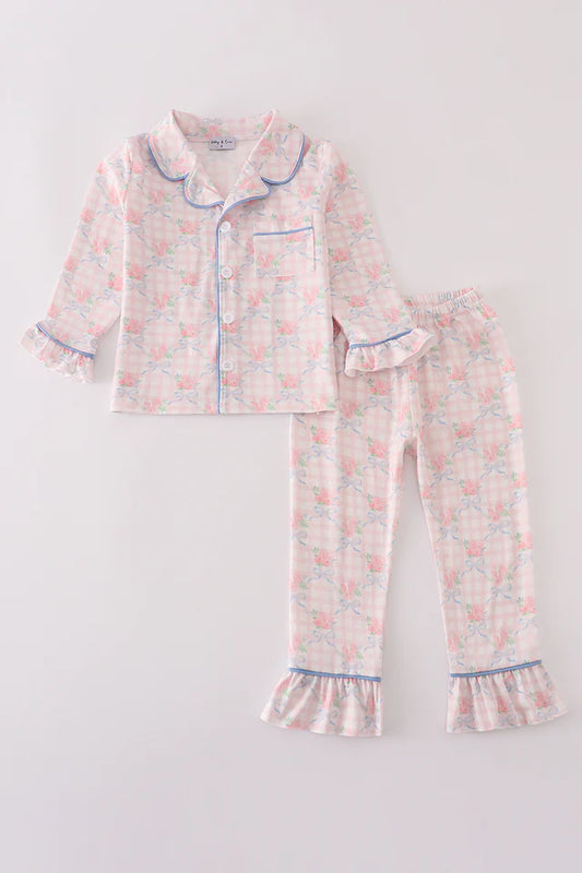 Abby & Evie Girl's Pink Floral Print Ruffle Pajamas Set