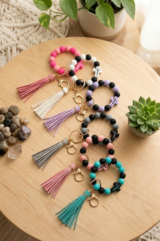 Jesus Cross Silicone Beaded Wristlet Keychain
