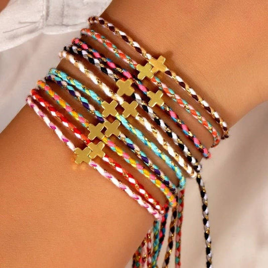 JOSSLYN 18K STAINLESS STEEL CORDED CROSS CHARM BRACELET