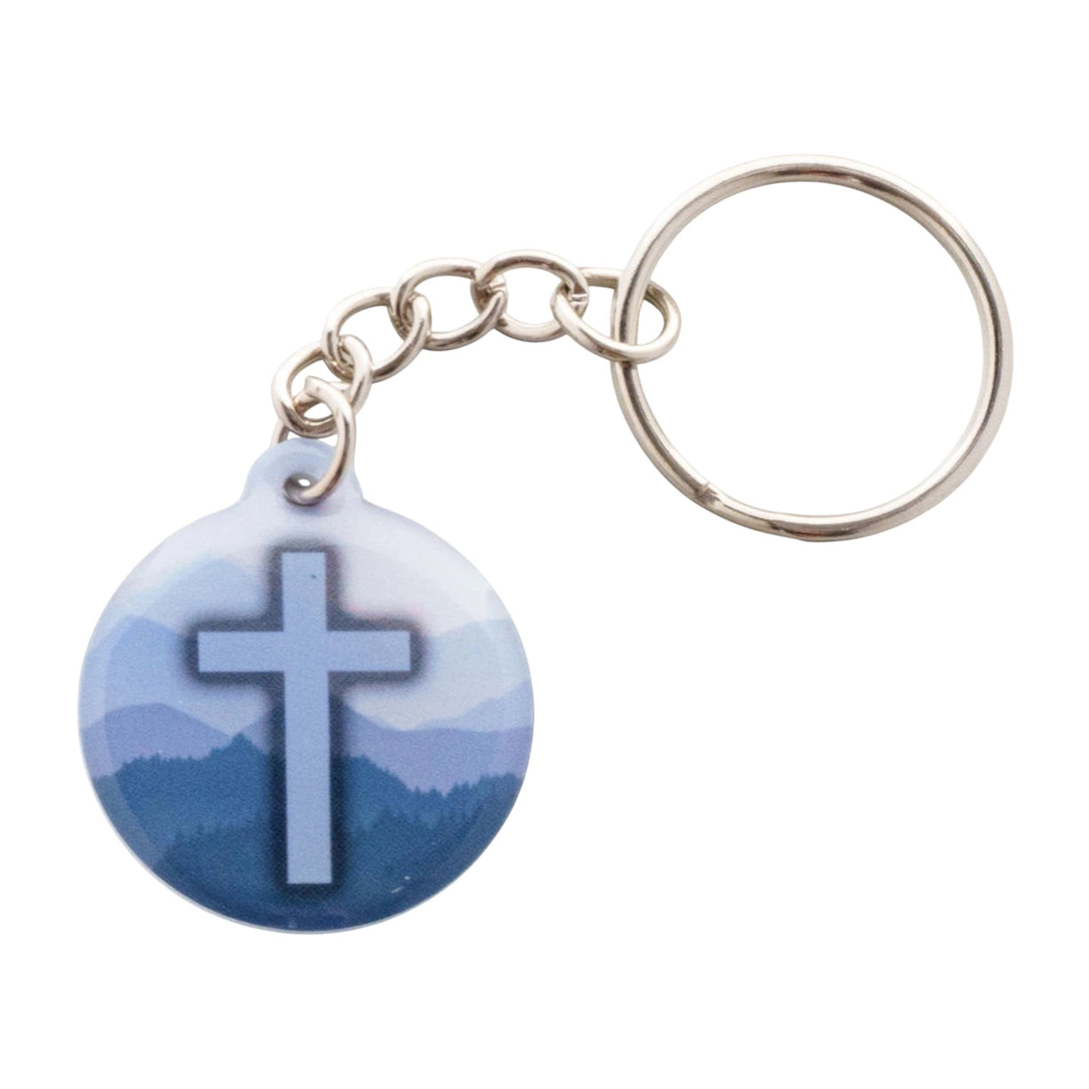 Christian Keychain - Versible Tap To Pray™ Acrylic Keychain Blue Mountains + Cross Versible