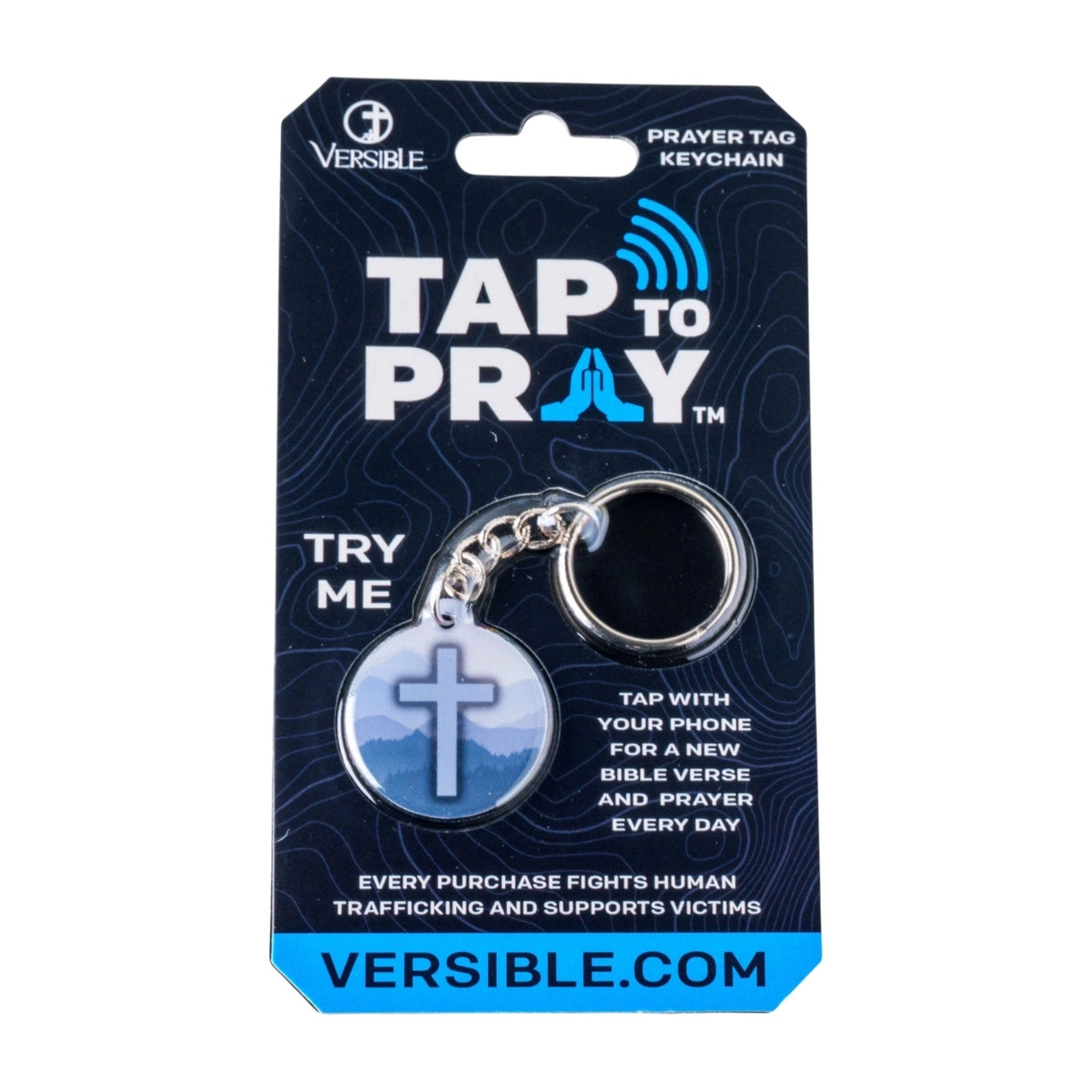Christian Keychain - Versible Tap To Pray™ Acrylic Keychain Blue Mountains + Cross Versible