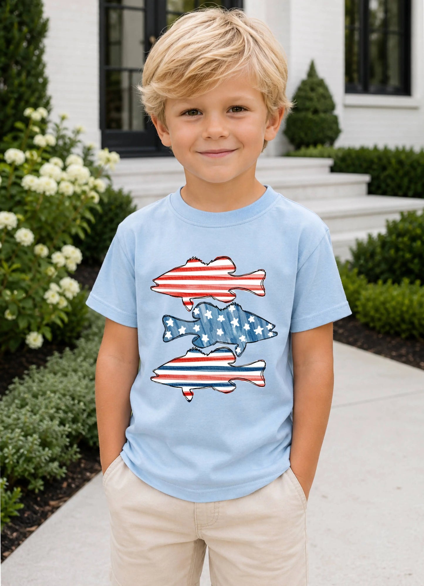 Patriotic Fish Gildan T-Shirt - Light Blue - 4T Painted Skies