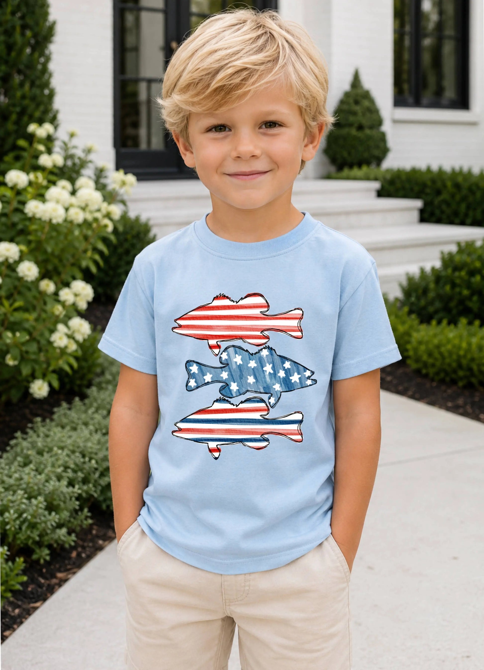 Patriotic Fish Gildan T-Shirt - Light Blue - 4T Painted Skies