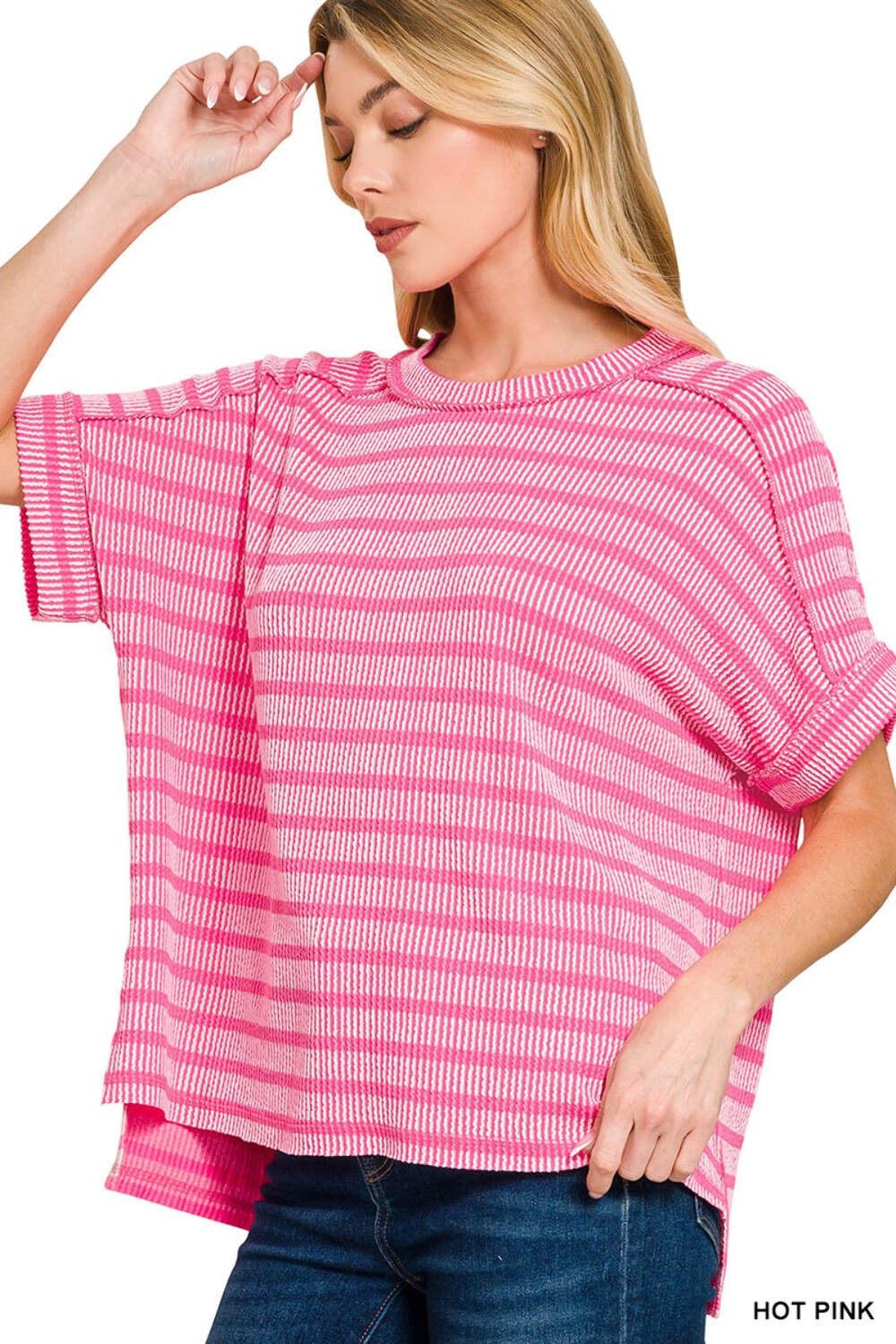 Zenana Women's Zenana Raised Rib Striped Exposed Seam Top - Hot Pink - L/XL Zenana