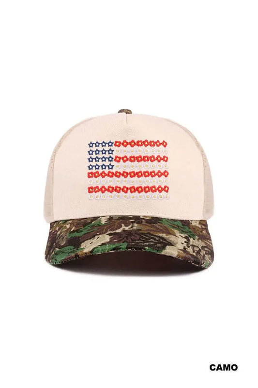 Star floral american flag two tone mesh snapback hat Zenana