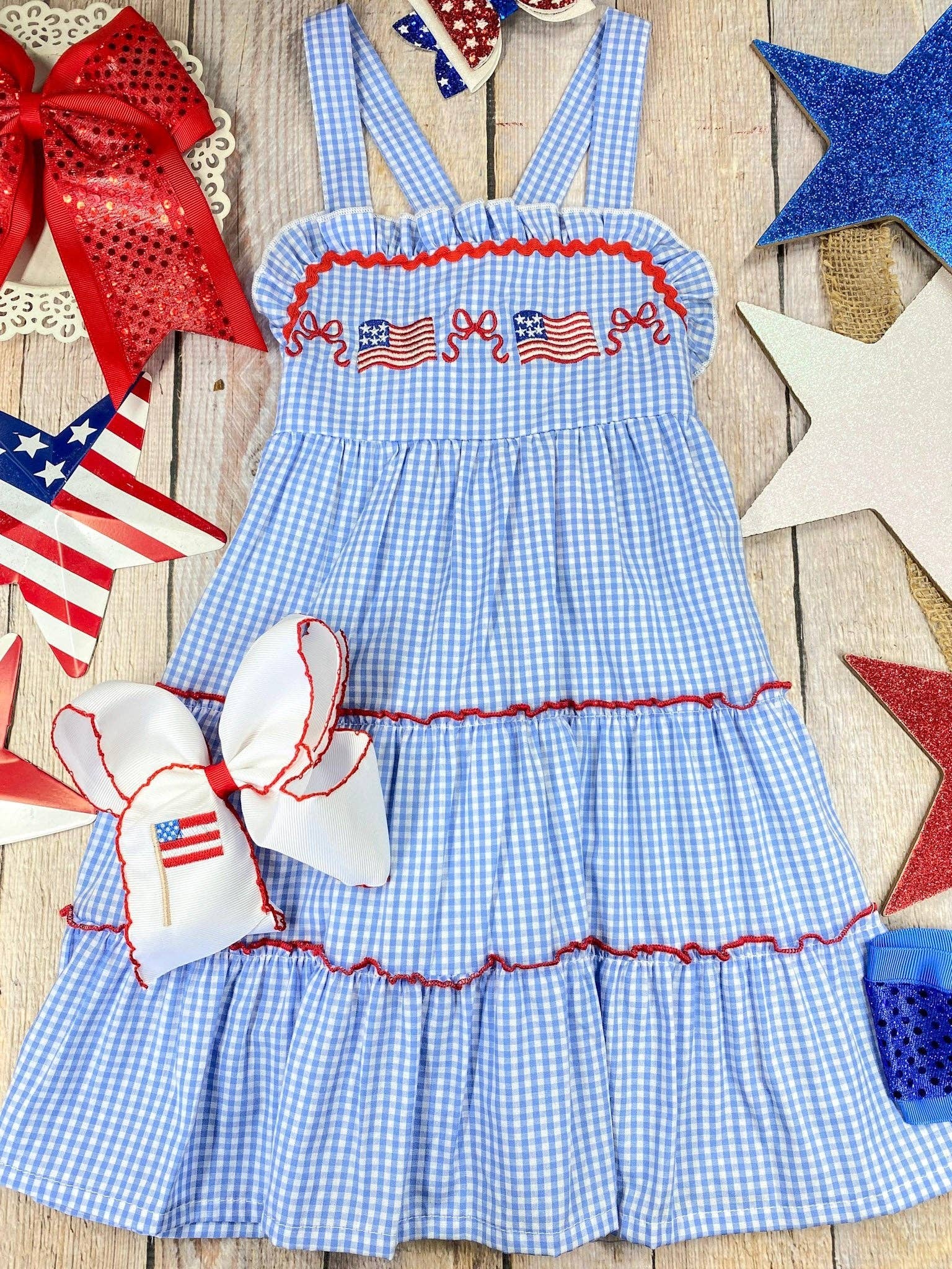 Blue Gingham American Flag Tiered Dress | Girls Patriotic Ruffle Dress - Size 6 The Hair Bow Company