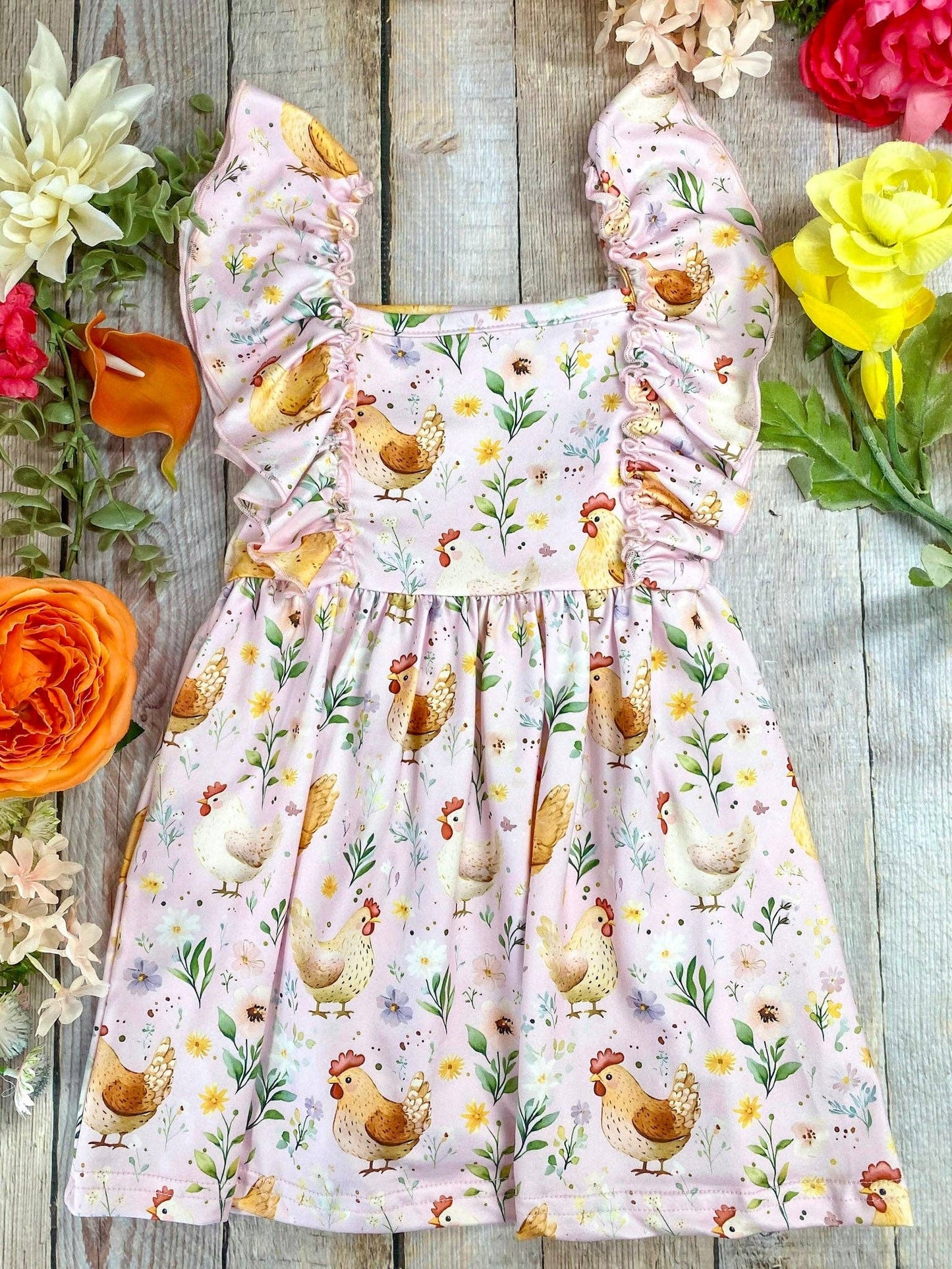 Girls Pink Hen Print Ruffle Dress - Size 7 The Hair Bow Company
