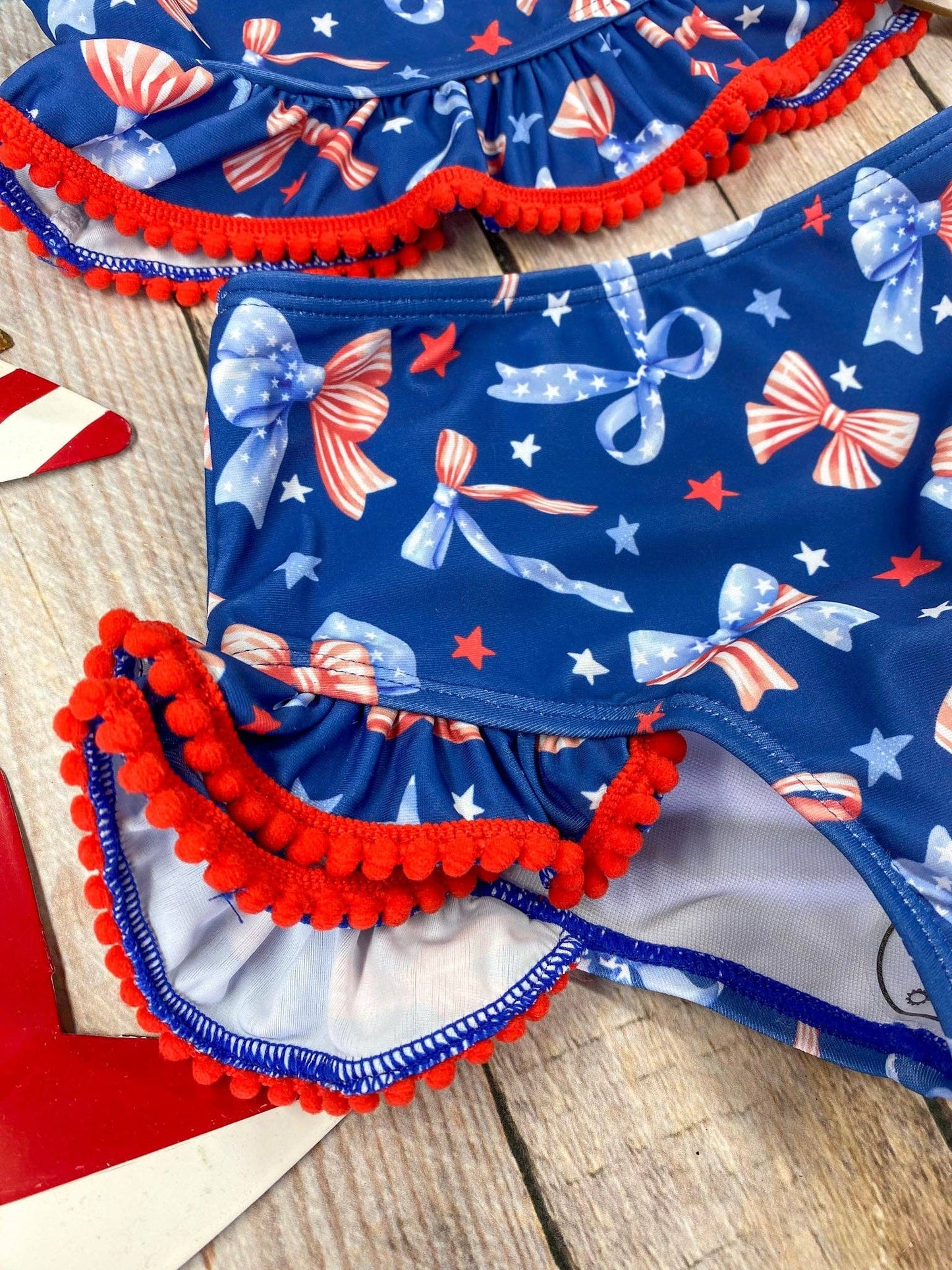 Navy Patriotic Bow Print Two-Piece Swimsuit | Baby Girls Ruffle Swim Set - Size 6 The Hair Bow Company