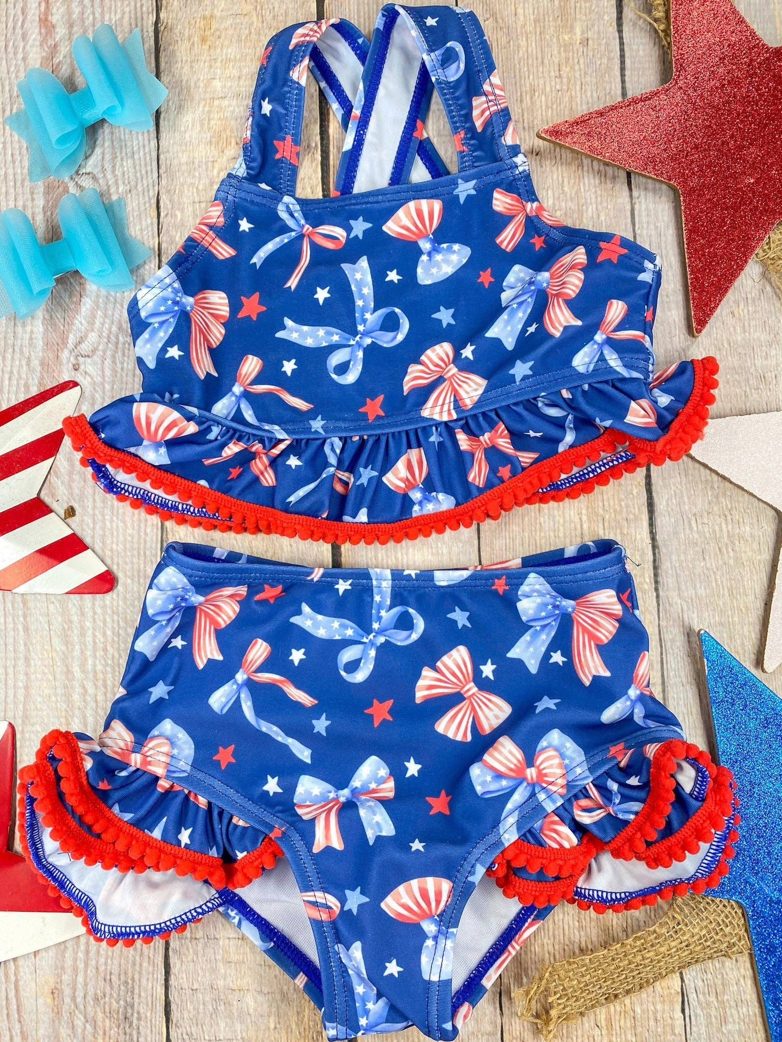 Navy Patriotic Bow Print Two-Piece Swimsuit | Baby Girls Ruffle Swim Set - Size 6 The Hair Bow Company