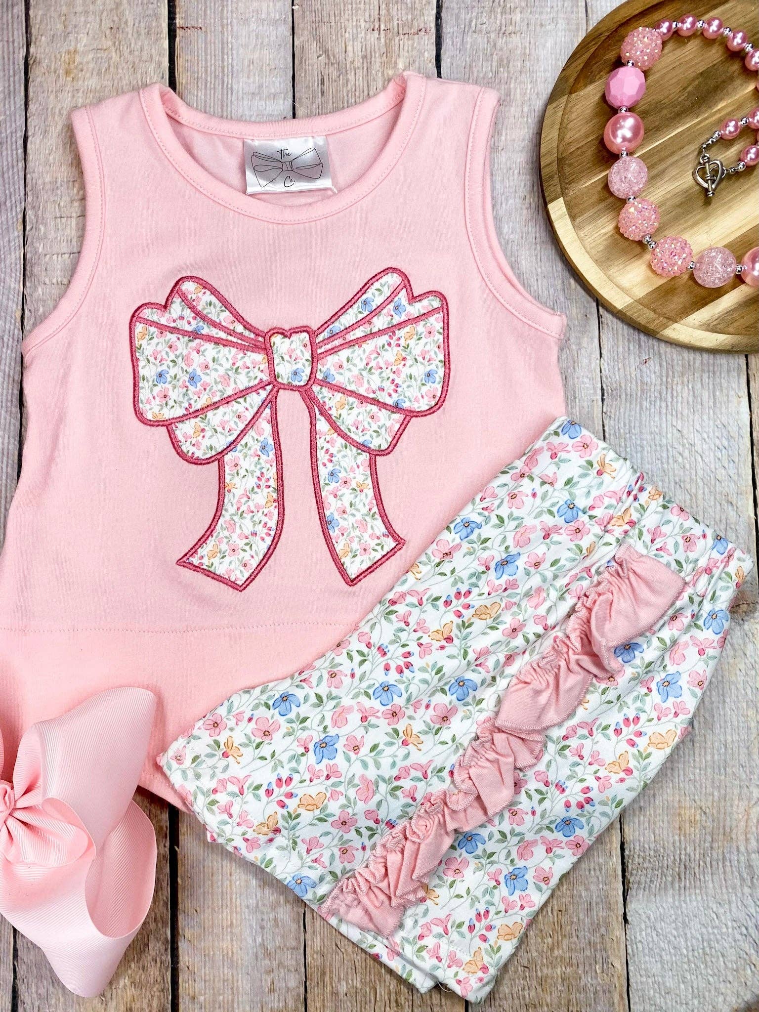 Pink Floral Bow Applique Shorts Set | Girls Ruffle Summer Outfit - Size 7 The Hair Bow Company