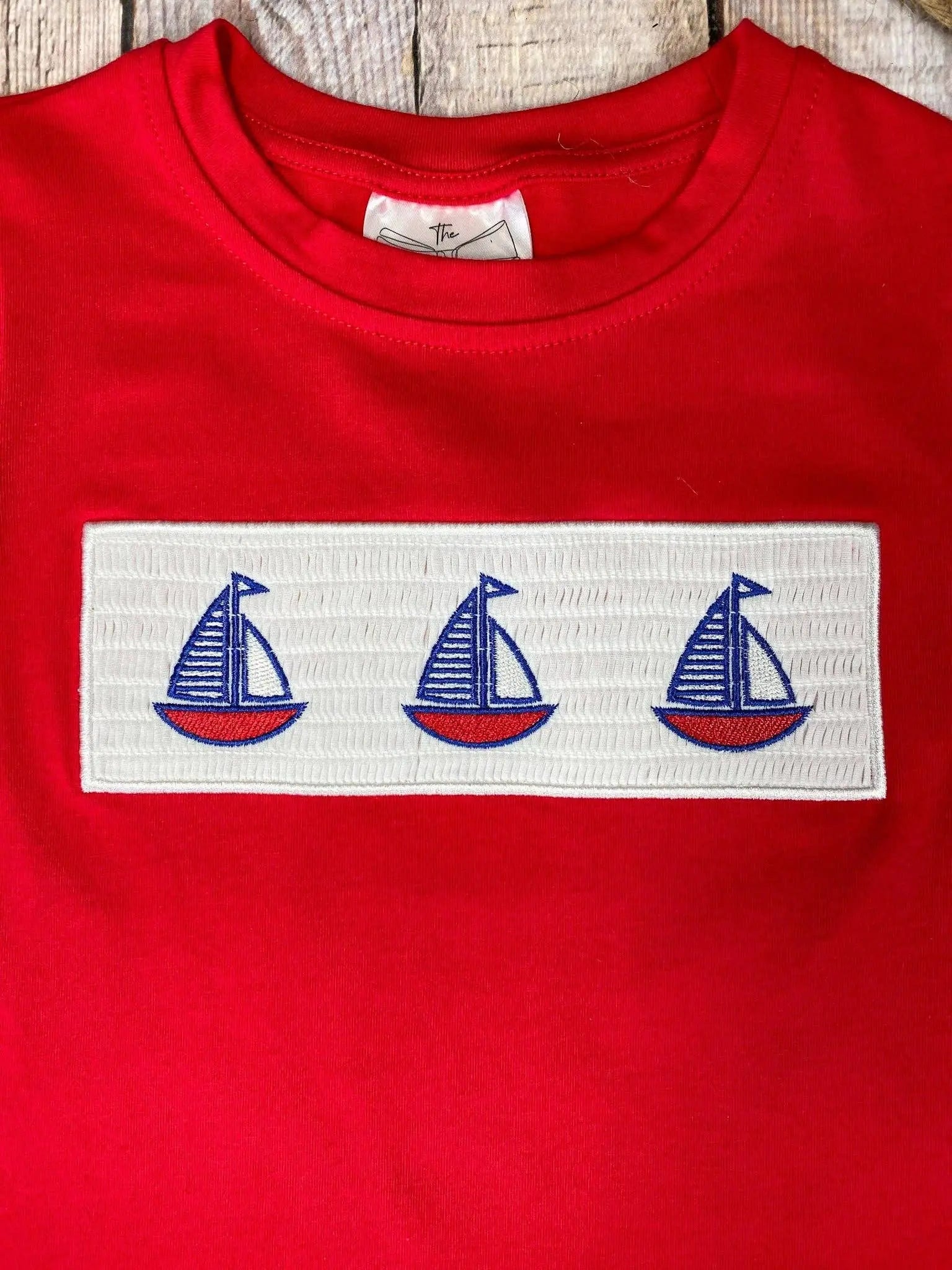 Red Smocked Sailboat Shirt - Size 4T The Hair Bow Company