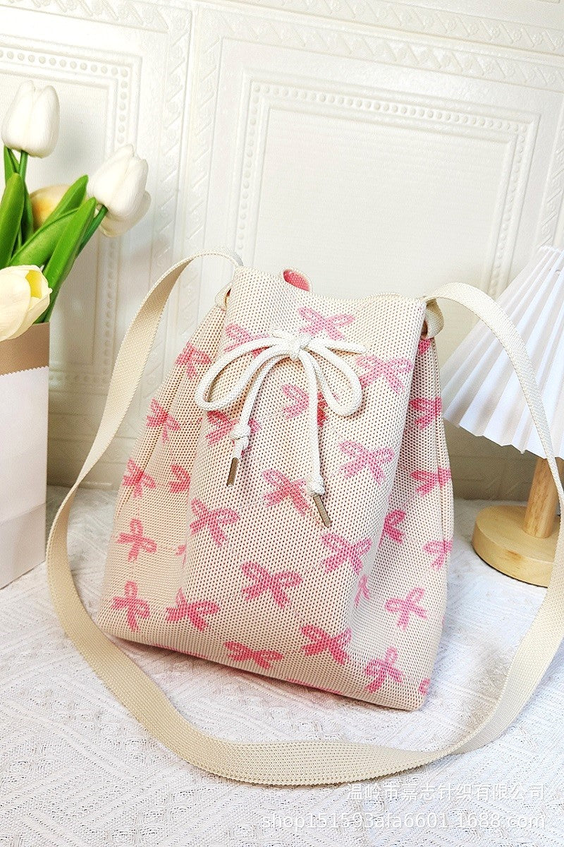 Coquette Bow Knot Ribbon Pattern Crossbody Bucket Bag - Pink