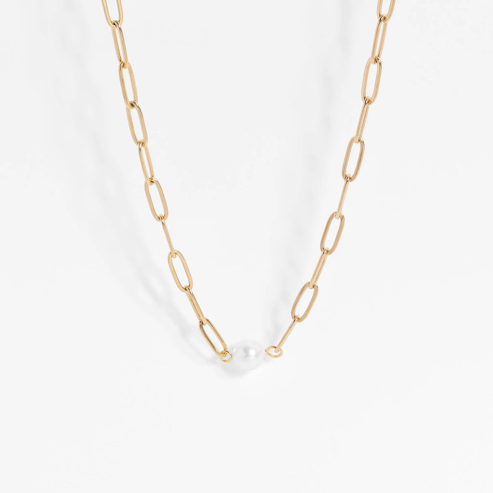 Gold Paperclip Necklace With Pearl WJW