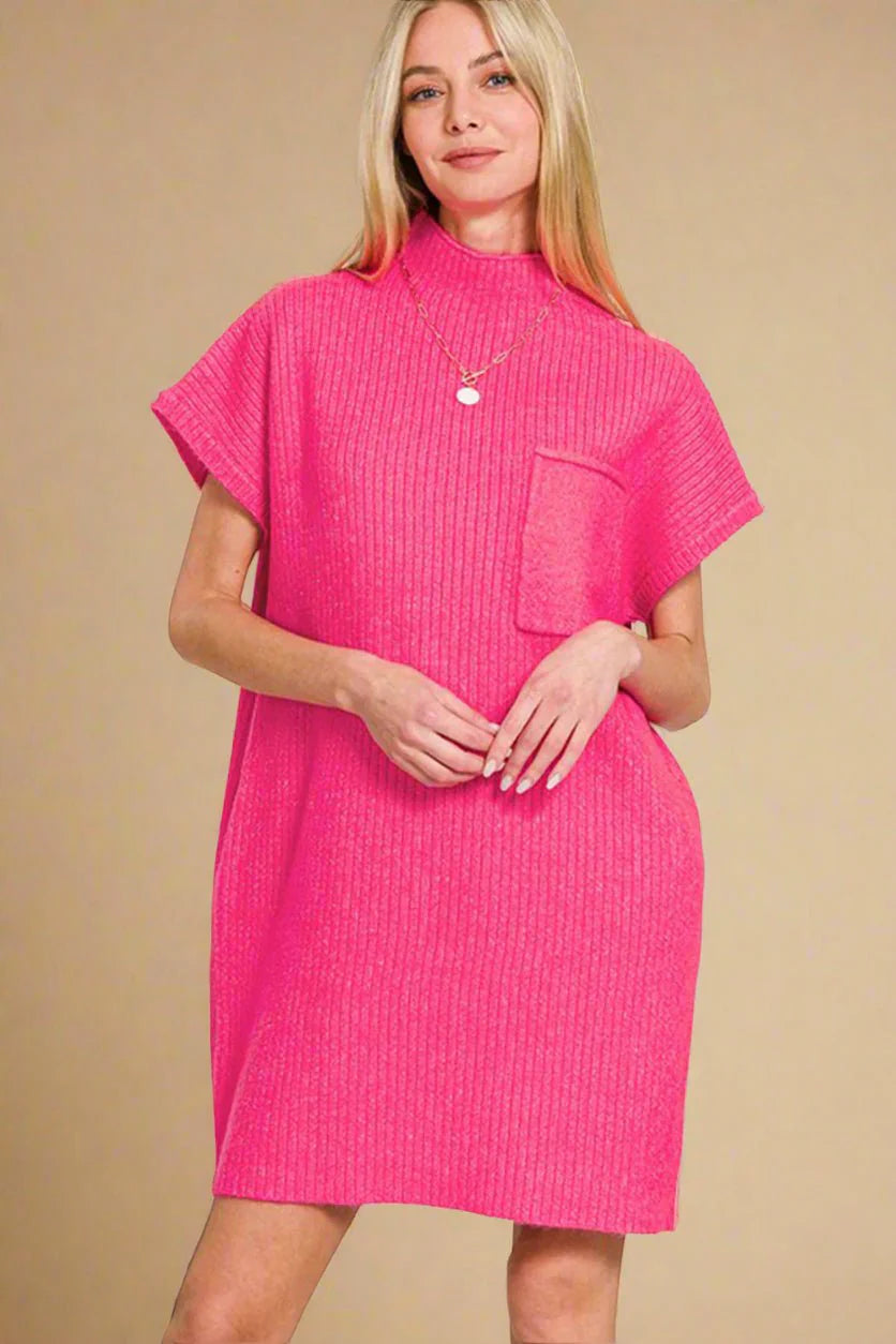 Zenana Mock Neck Short Sleeve Sweater Dress w/ Pocket - Hot Pink