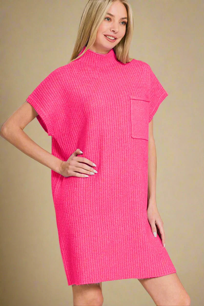 Zenana Mock Neck Short Sleeve Sweater Dress w/ Pocket - Hot Pink
